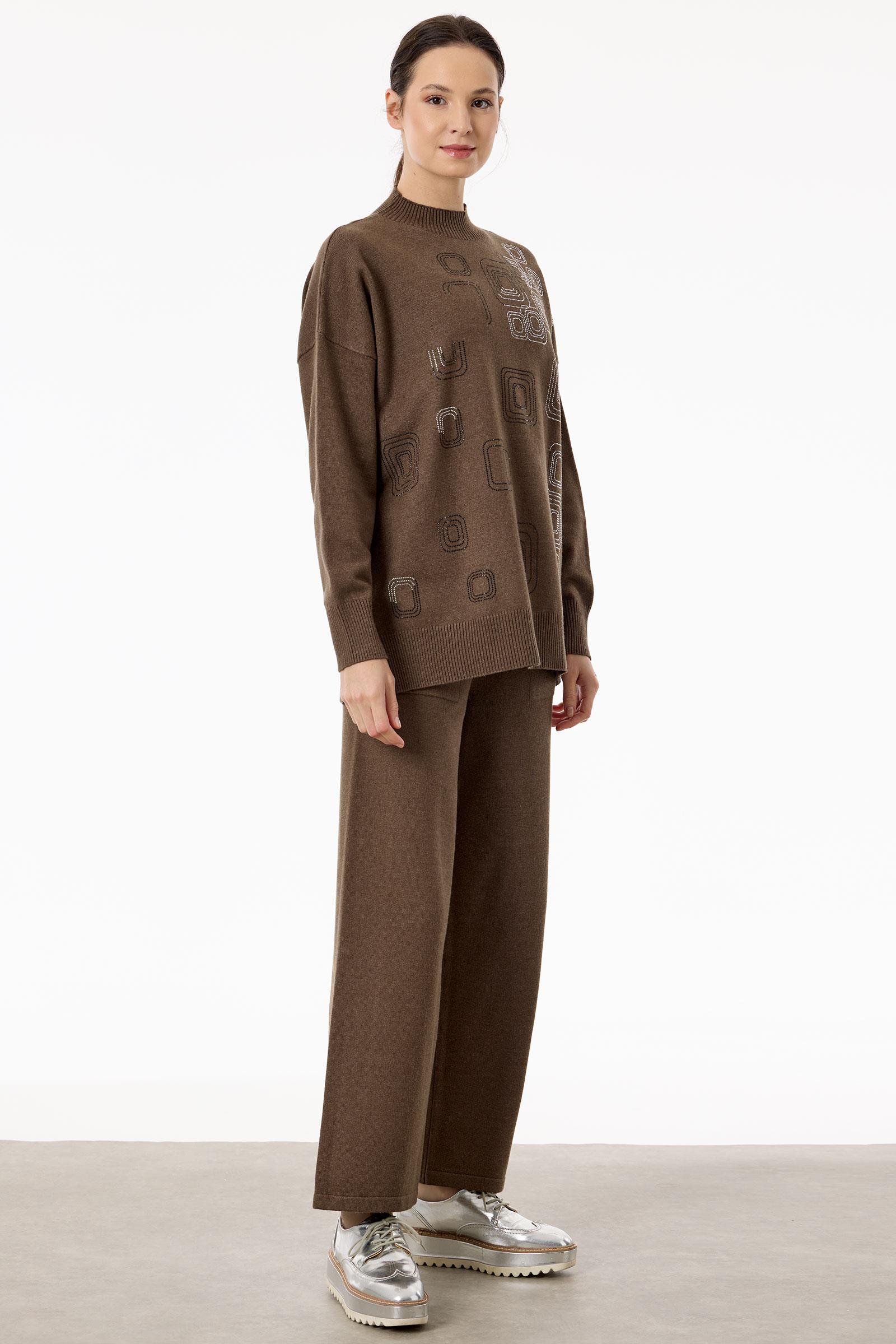 Önü Geometrik Payetli Pantolonlu Triko Takım KAHVE