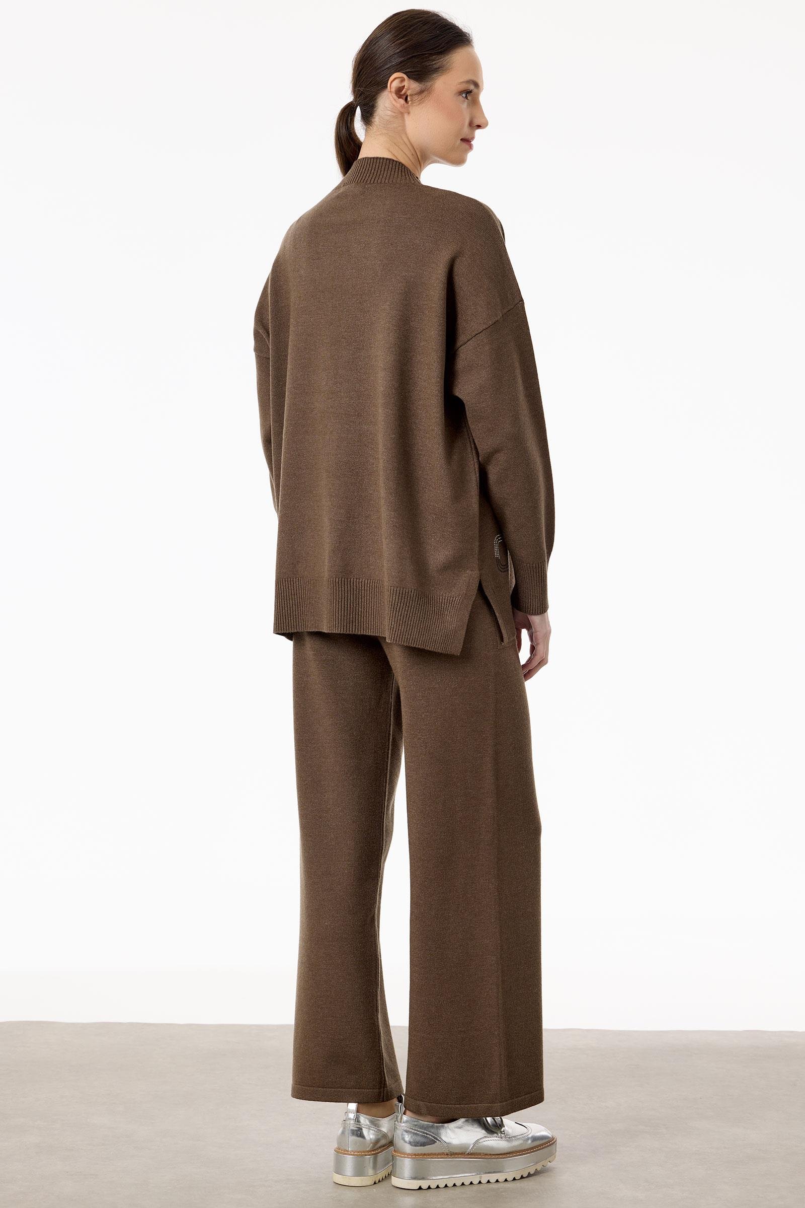 Önü Geometrik Payetli Pantolonlu Triko Takım KAHVE