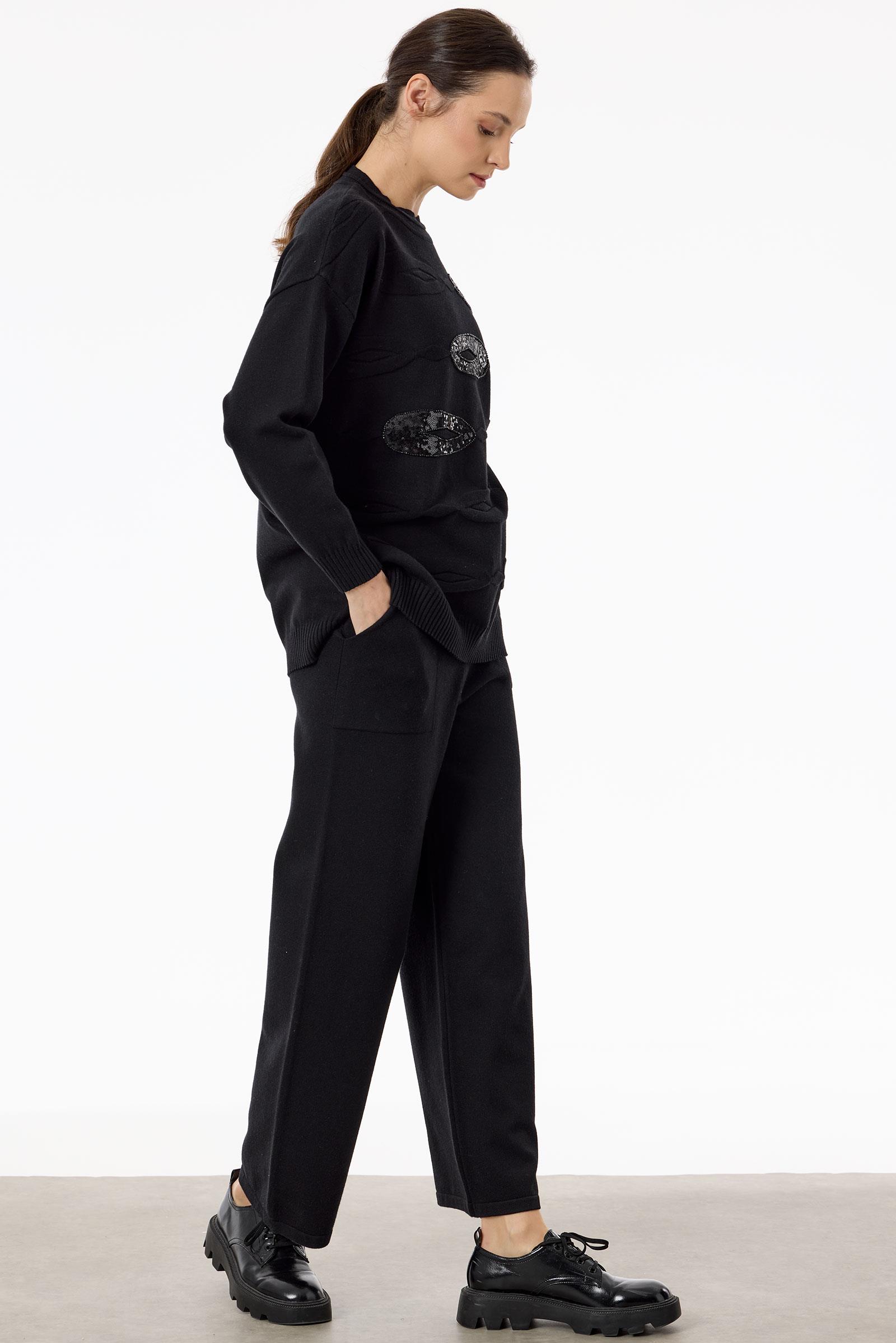 Önü Payet Detaylı Pantolonlu Triko Takım SİYAH