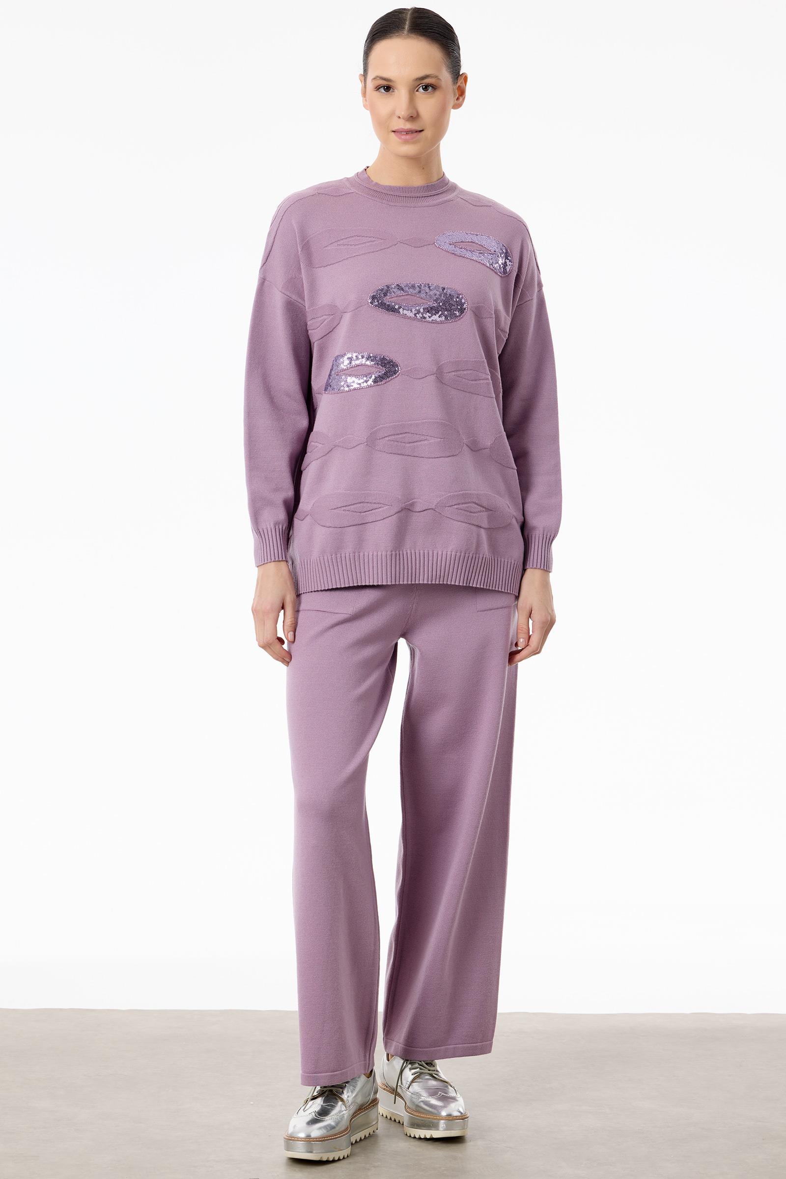 Önü Payet Detaylı Pantolonlu Triko Takım PEMBE