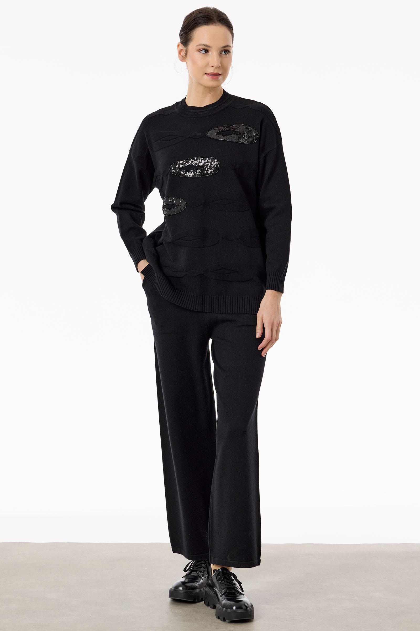 Önü Payet Detaylı Pantolonlu Triko Takım SİYAH