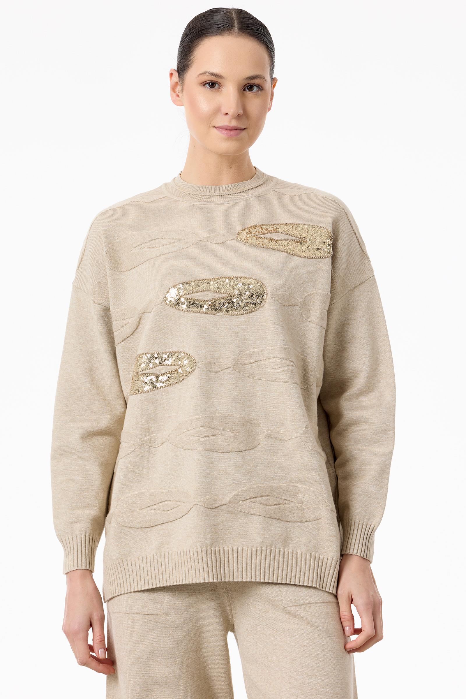 Önü Payet Detaylı Pantolonlu Triko Takım BEJ