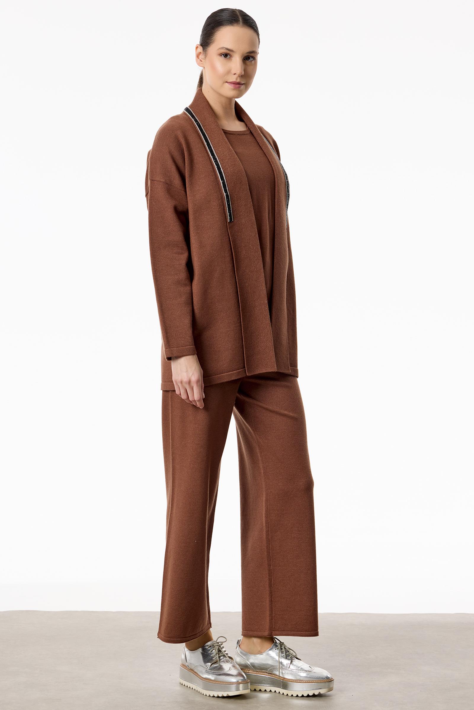 Önü Taş Şeritli 3'lü Triko Takım KAHVE