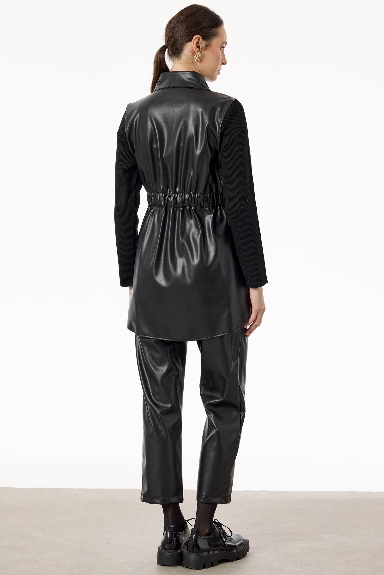 Paça Ve Yakası Nakışlı Deri Takım SİYAH