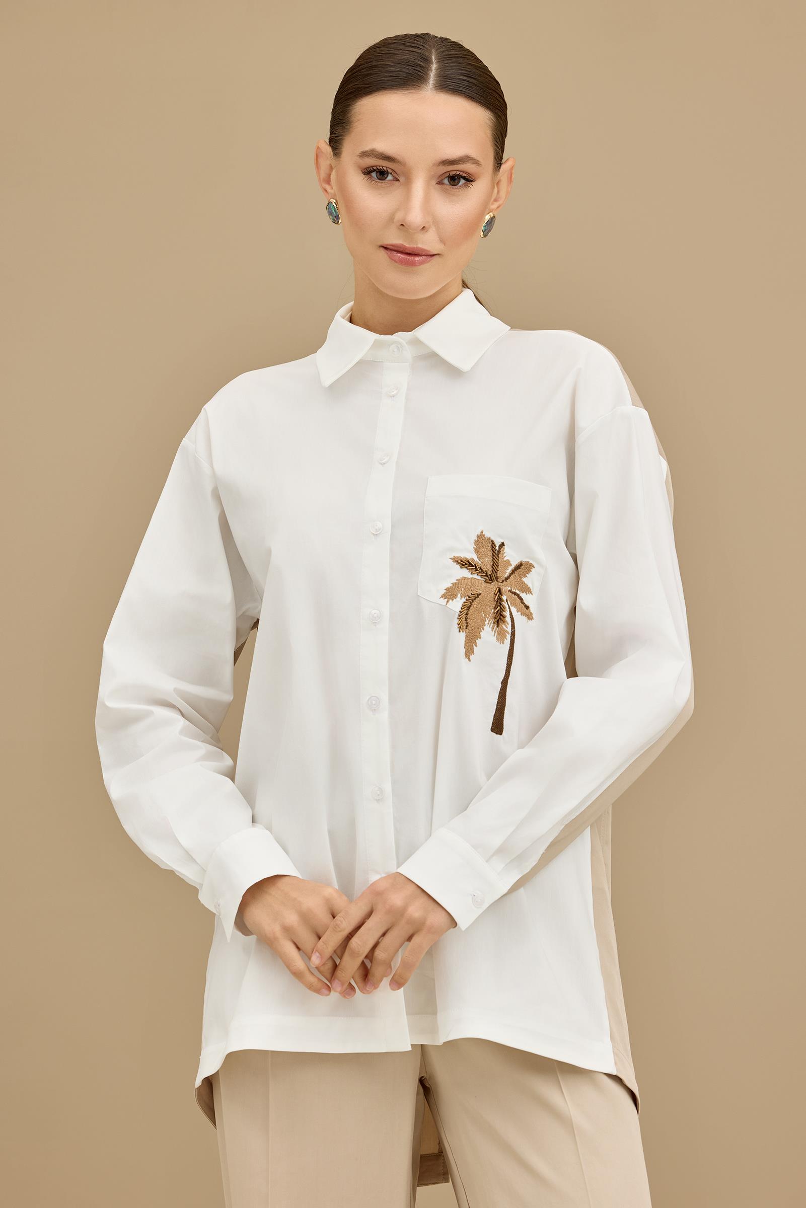 Palmiye Nakışlı Poplin Kombinli Takım BEJ