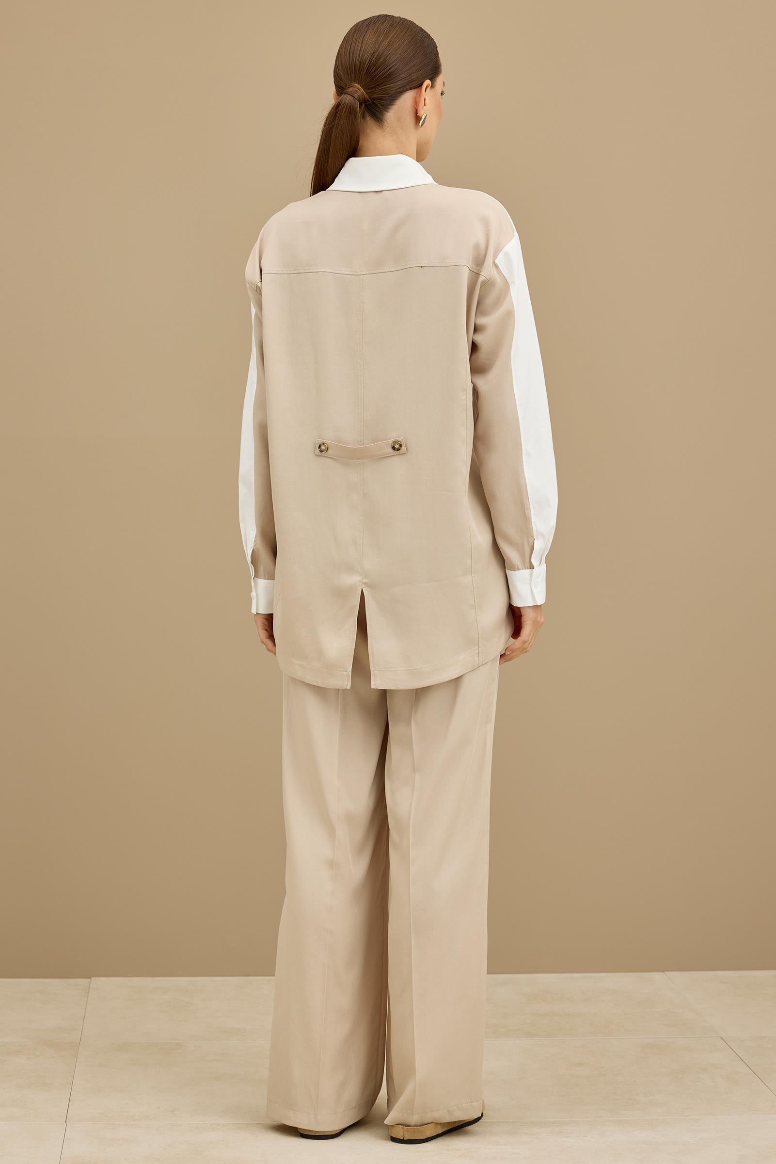 Palmiye Nakışlı Poplin Kombinli Takım BEJ