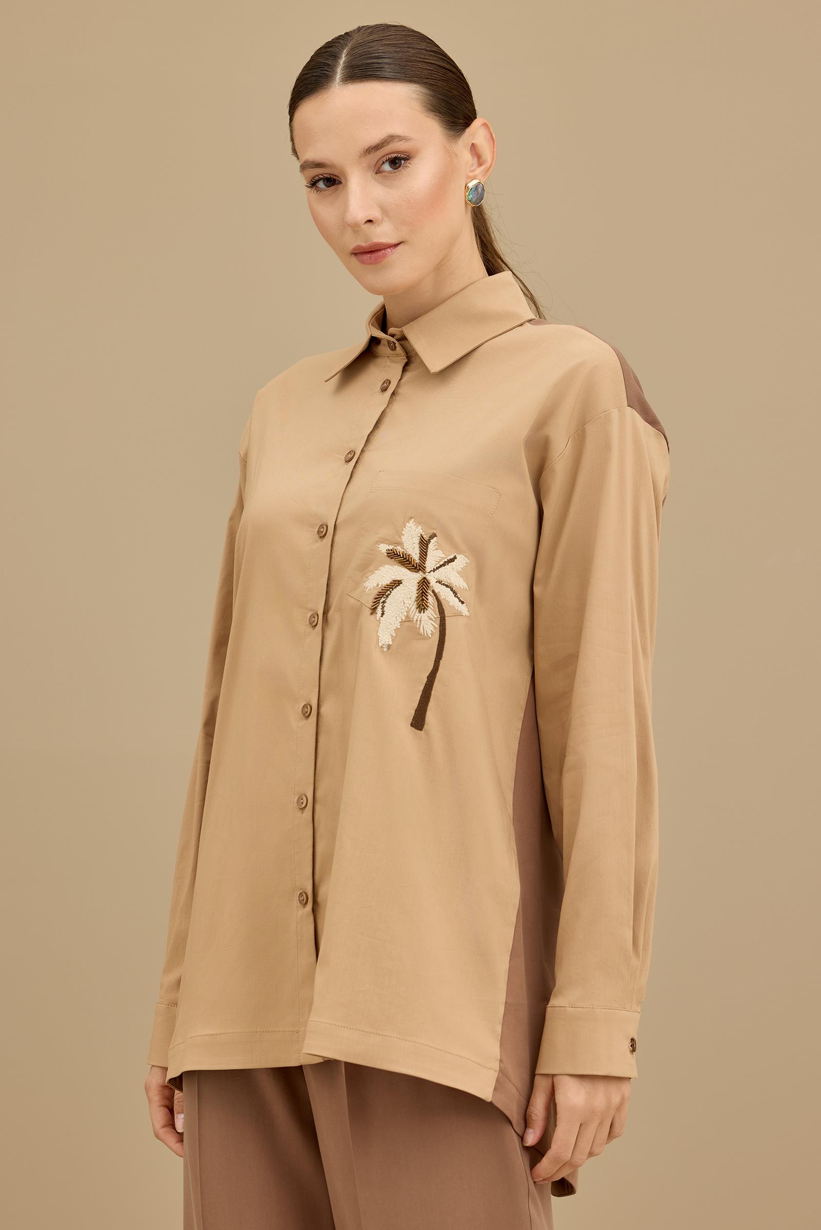 Palmiye Nakışlı Poplin Kombinli Takım MOCHA