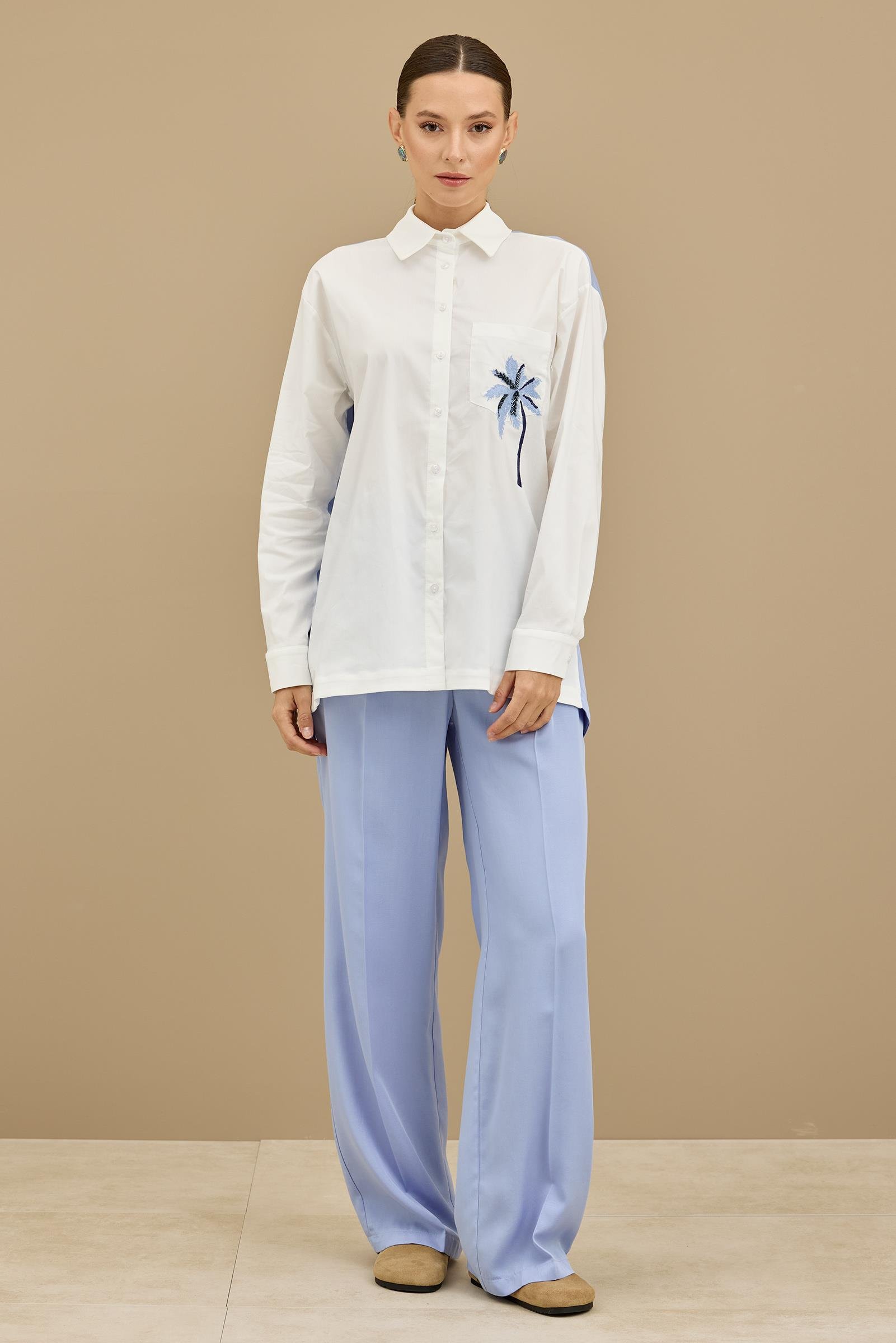 Palmiye Nakışlı Poplin Kombinli Takım MAVİ