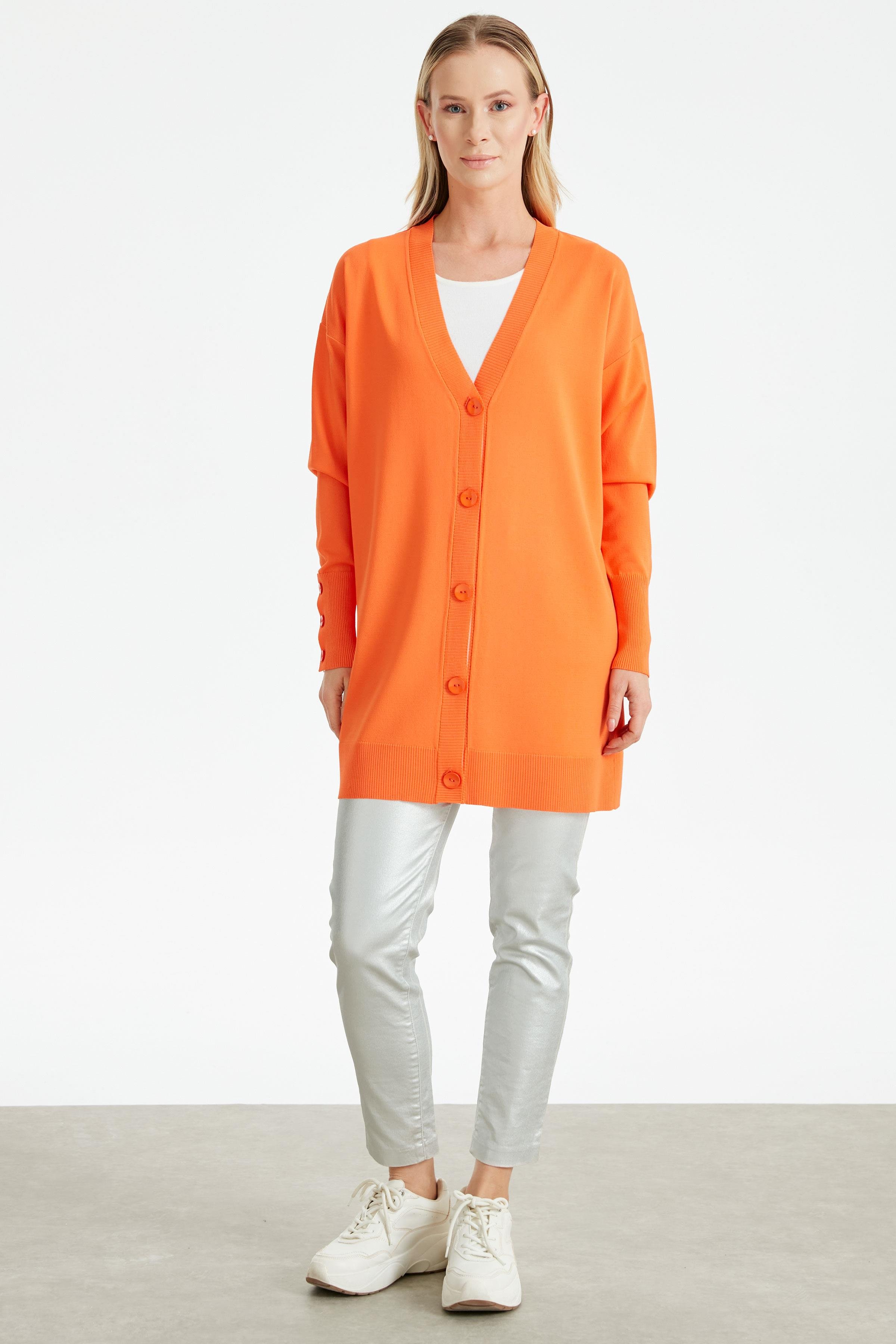 PATI VE KOLU ÇİZGİ DETAYLI RAYON HIRKA ORANJ