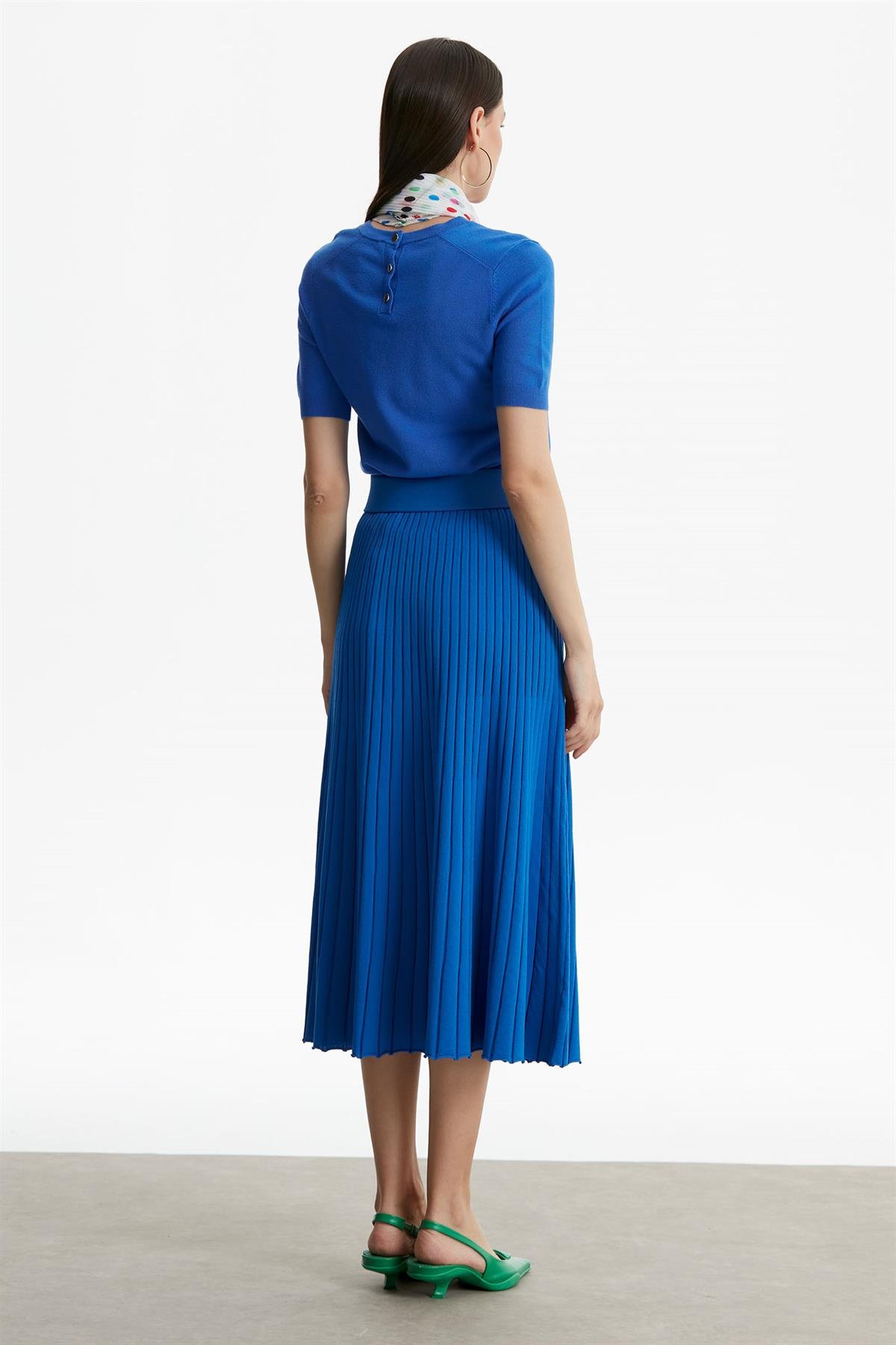 PİLELİ RAYON ETEK SAKS