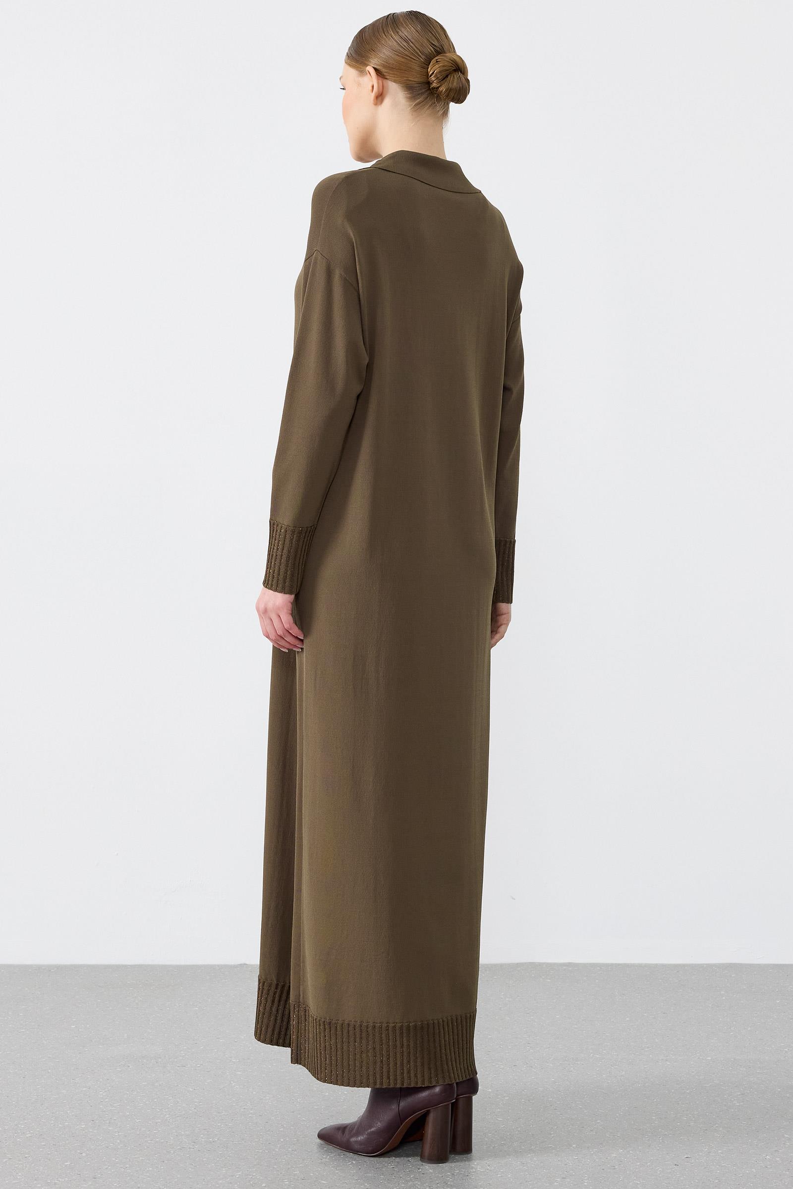 Pola Yaka Düğmeli Rayon Elbise KAHVE