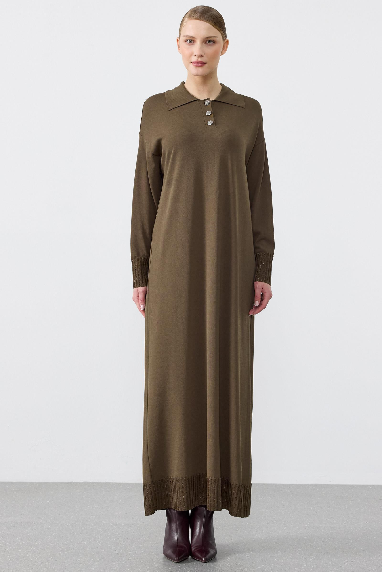 Pola Yaka Düğmeli Rayon Elbise KAHVE