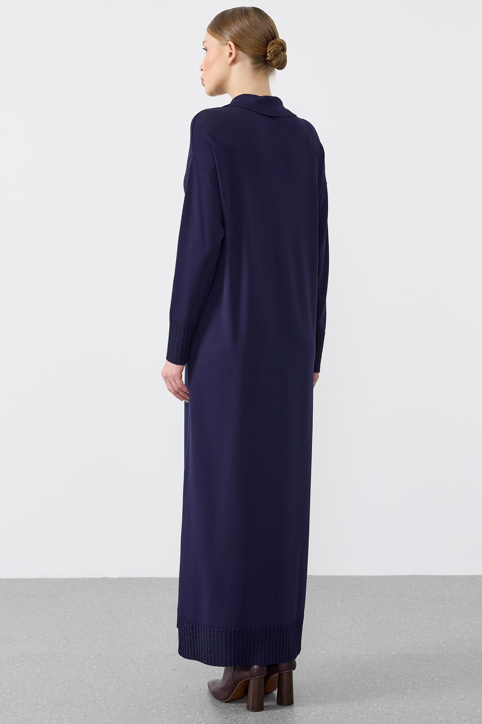 Pola Yaka Düğmeli Rayon Elbise LACİVERT