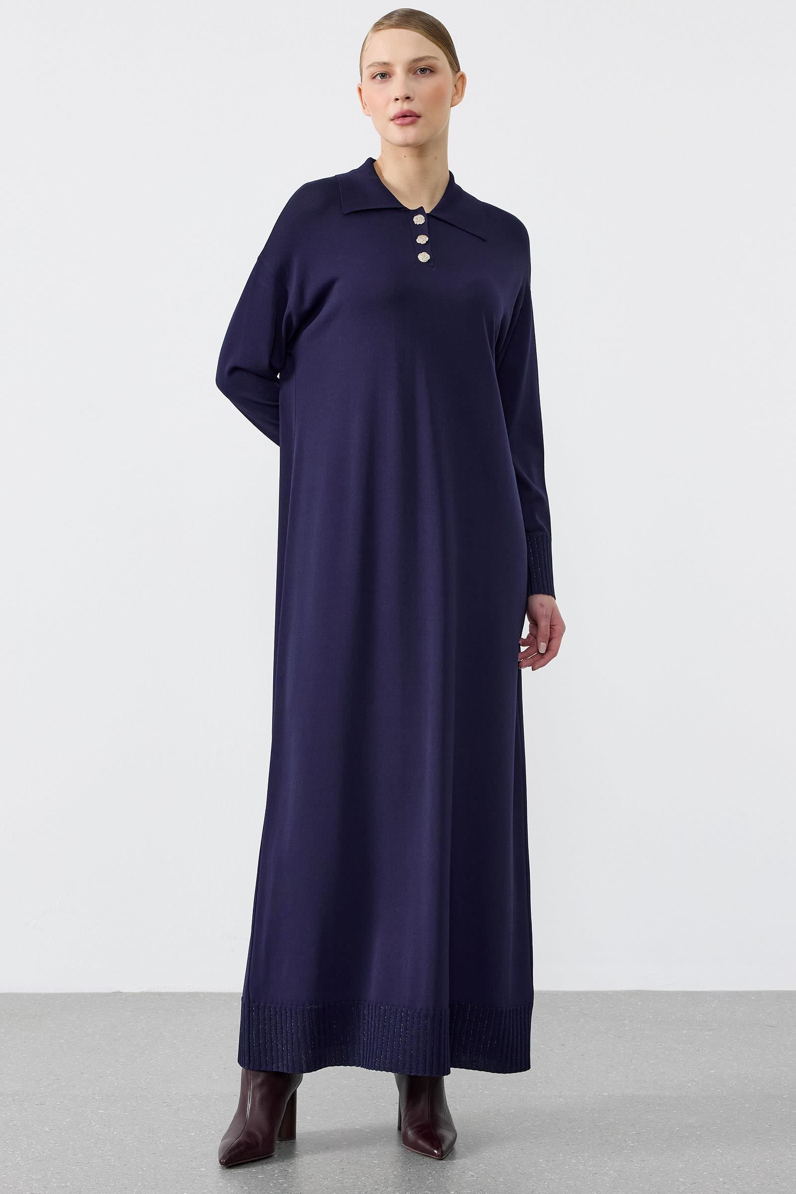Pola Yaka Düğmeli Rayon Elbise LACİVERT