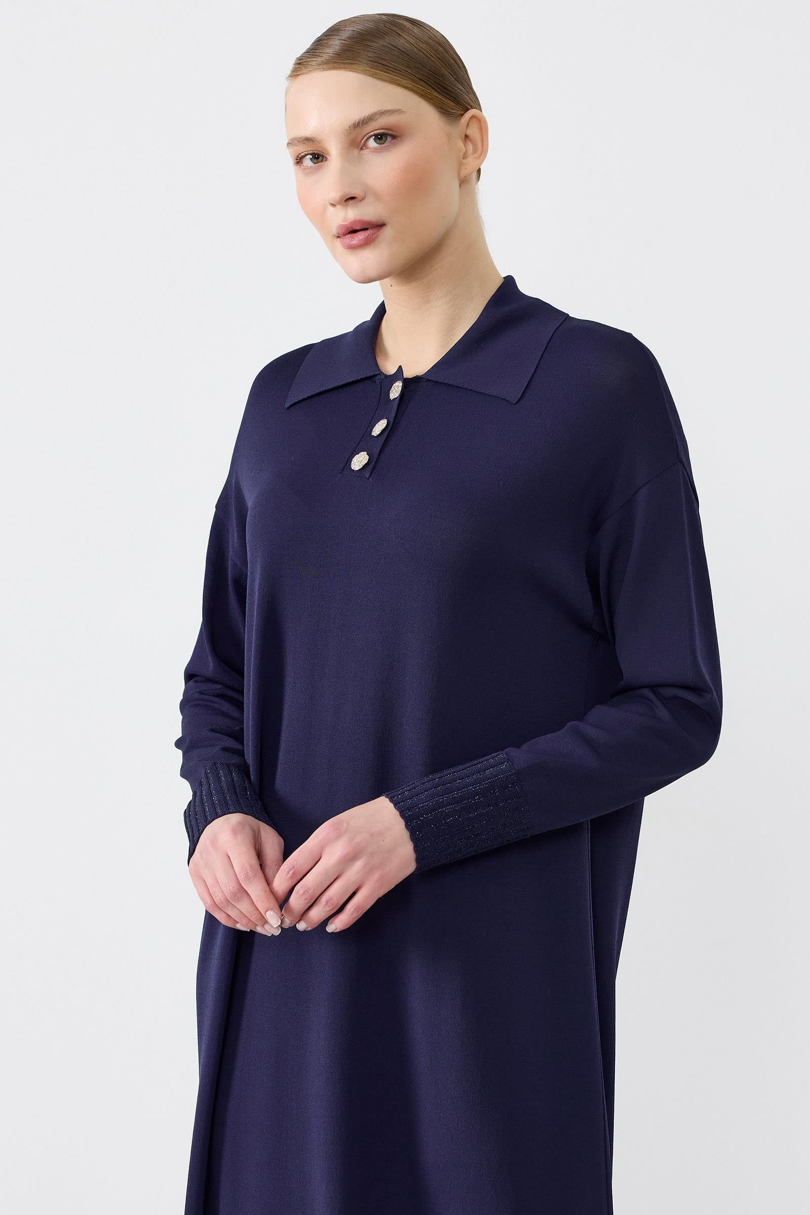Pola Yaka Düğmeli Rayon Elbise LACİVERT