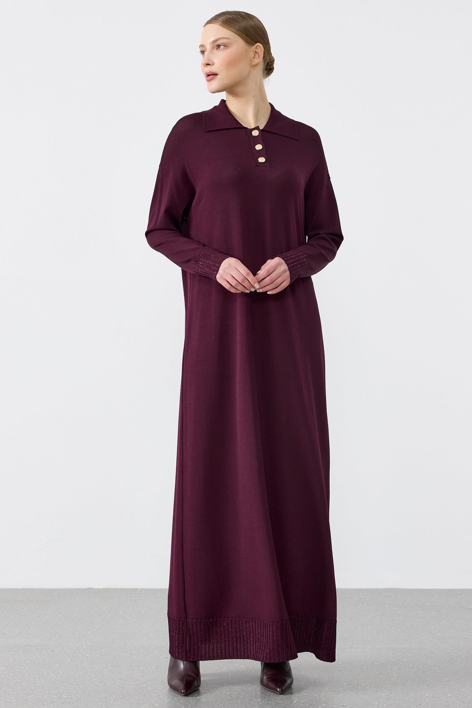 Pola Yaka Düğmeli Rayon Elbise MÜRDÜM