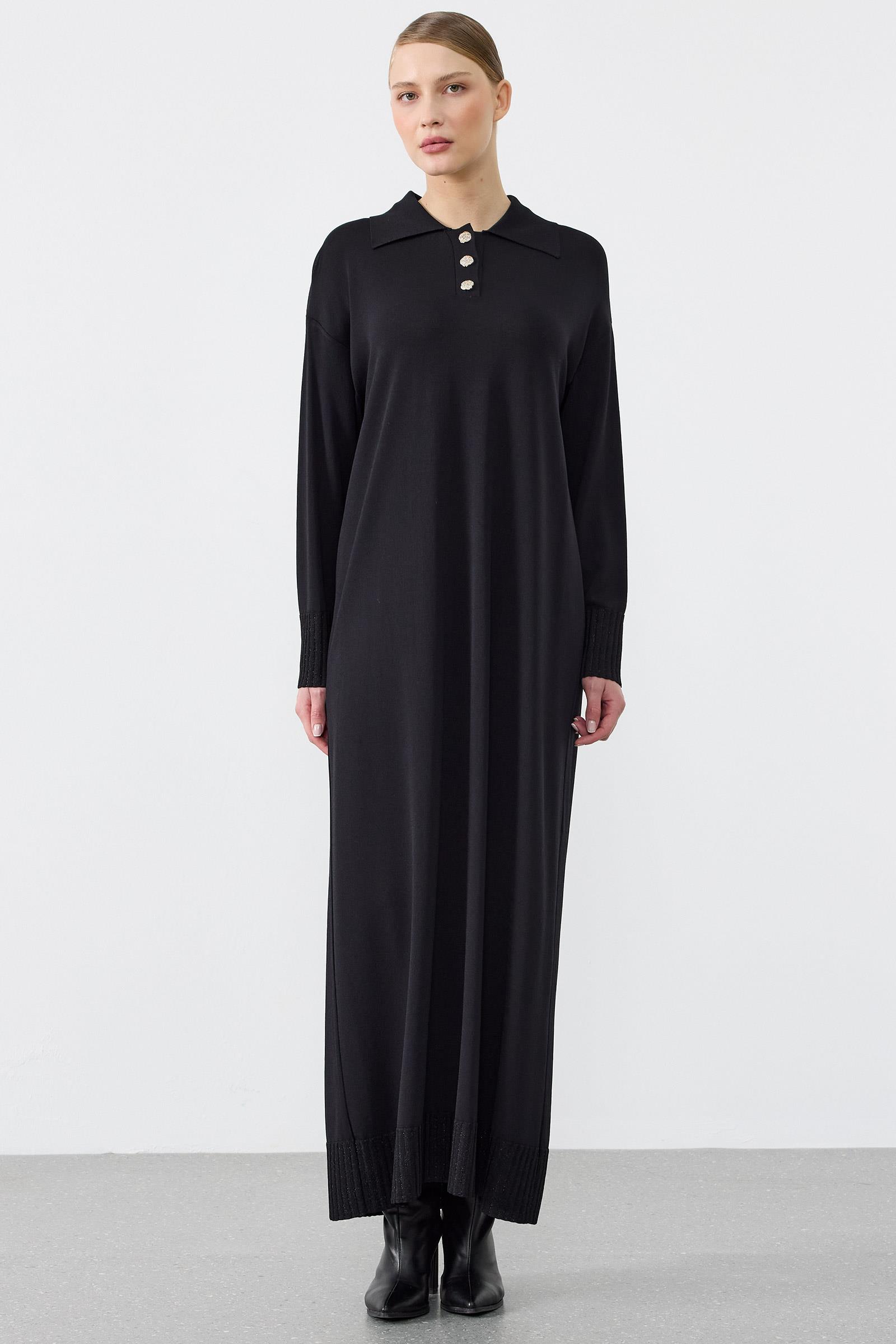 Pola Yaka Düğmeli Rayon Elbise SİYAH