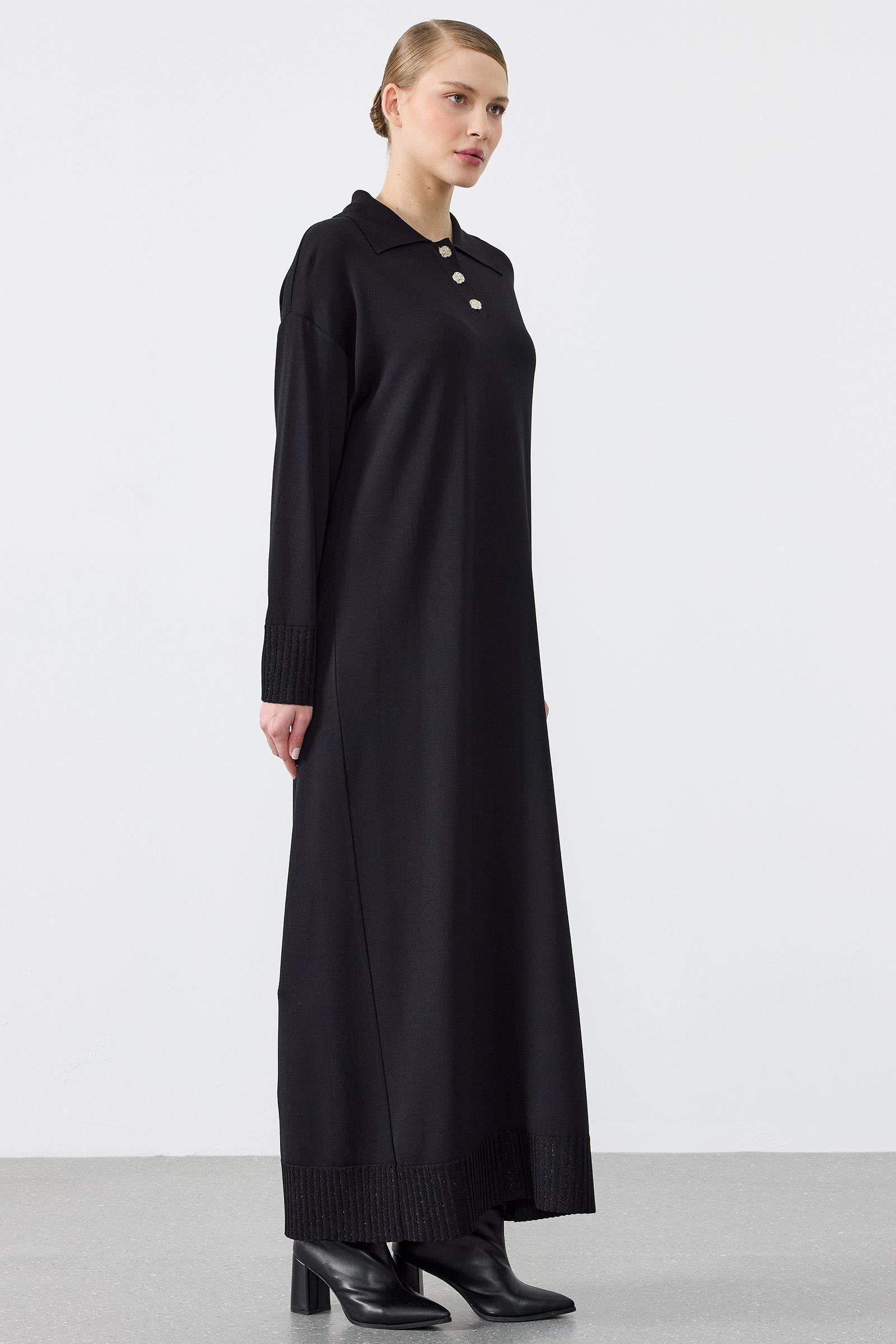 Pola Yaka Düğmeli Rayon Elbise SİYAH
