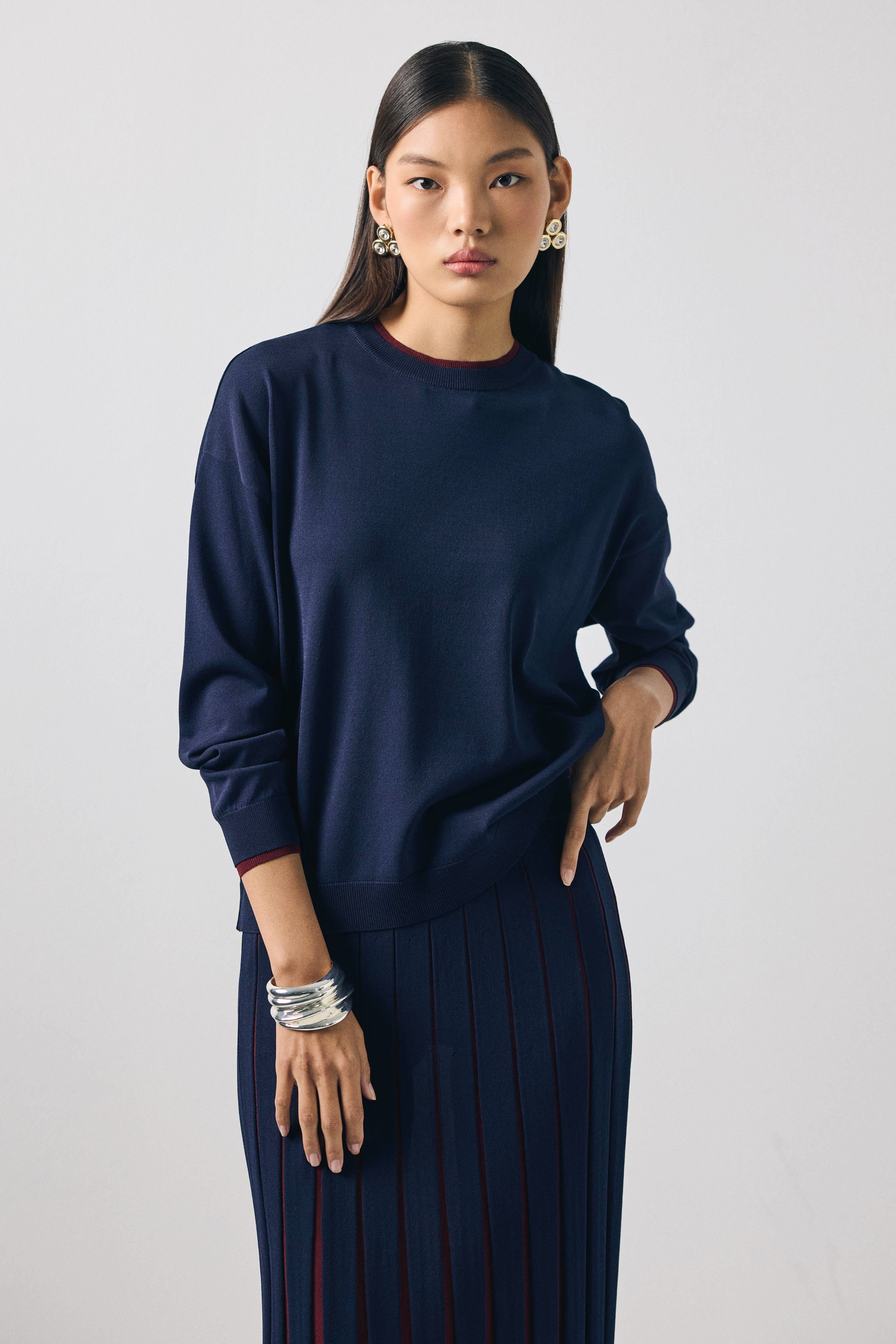 Renk Bloklu Etekli Bluz Rayon Takım LACİVERT