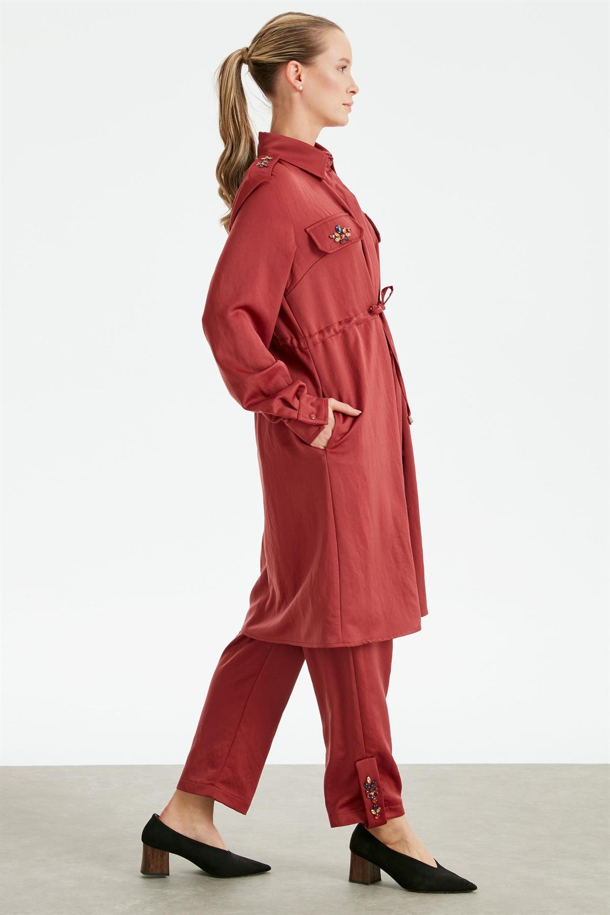 Renkli Taş İşlemeli Maxi Takım BORDO