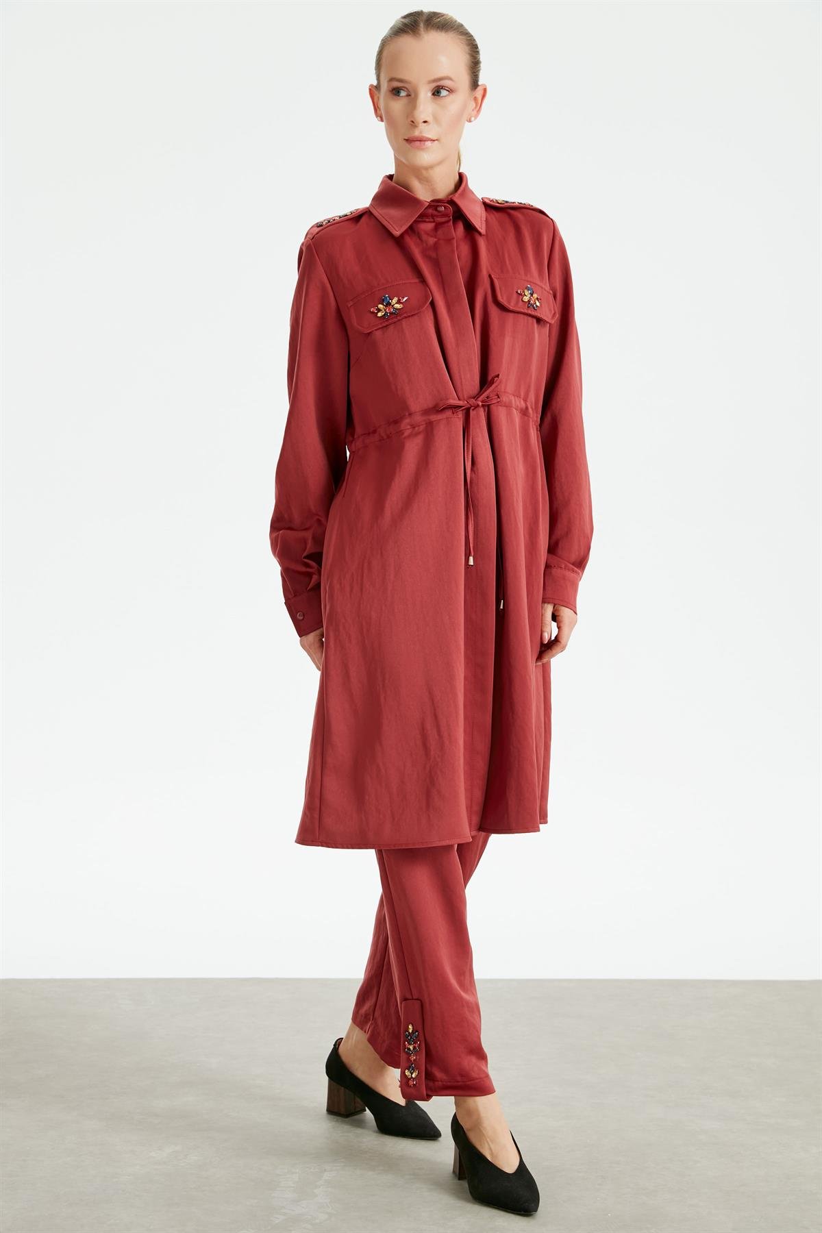 Renkli Taş İşlemeli Maxi Takım BORDO