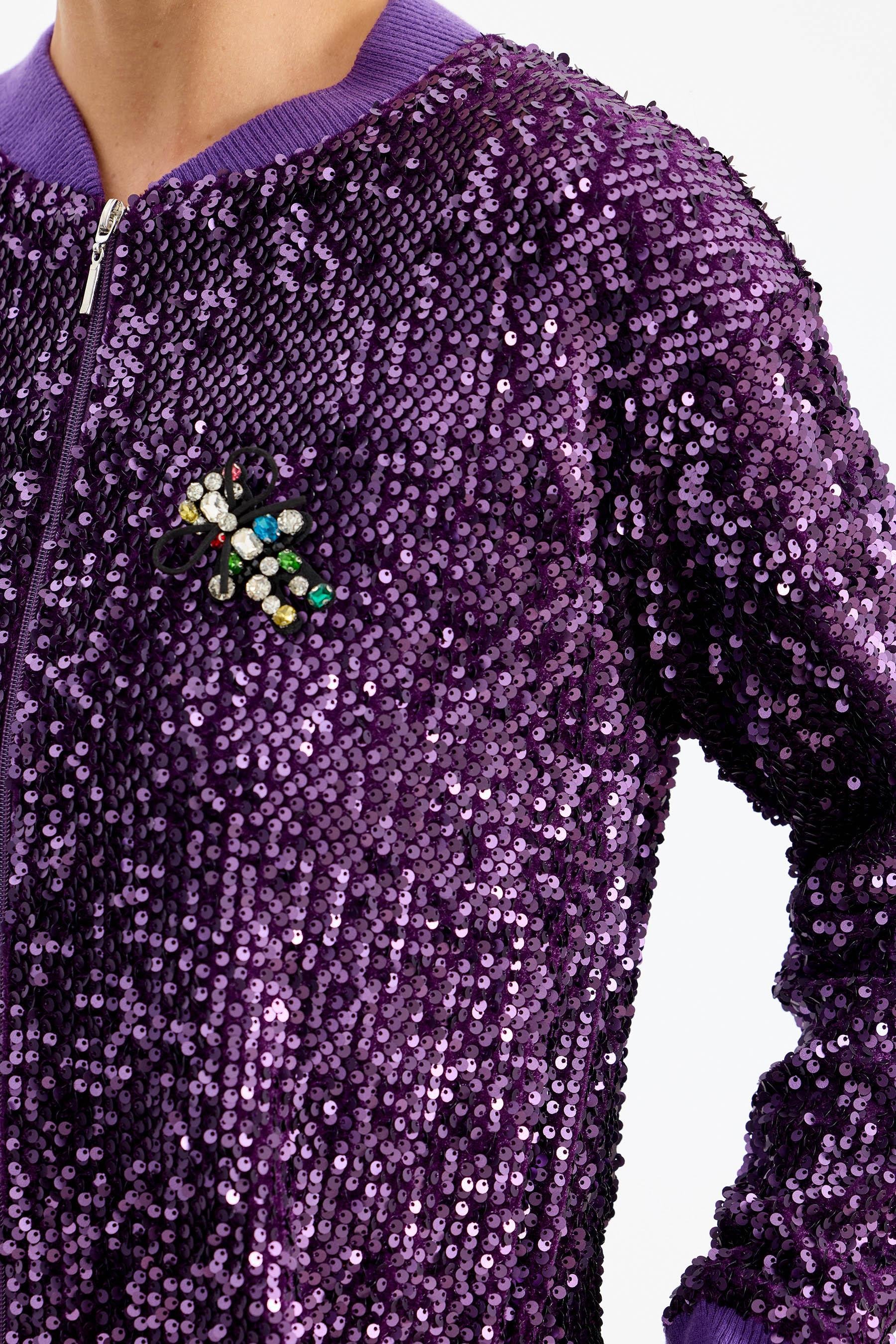 RİBANA DETAYLI PULLU BOMBER CEKET MOR