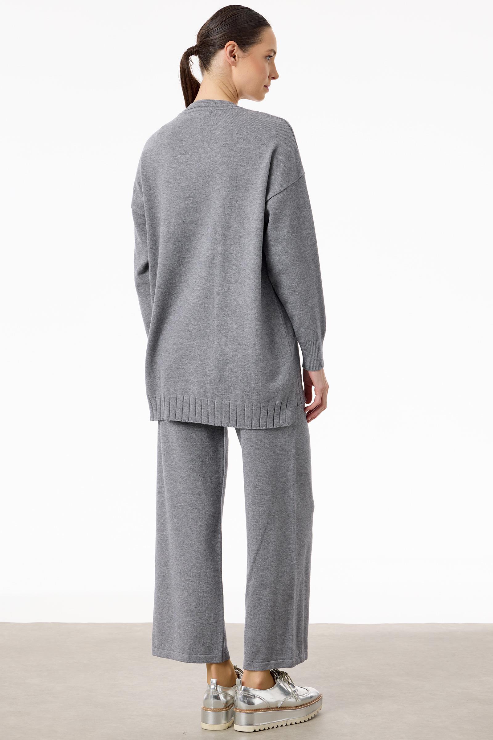 Saç Örgüsü Üzerine Taş Baskılı Pantolonlu Triko Takım GRİ