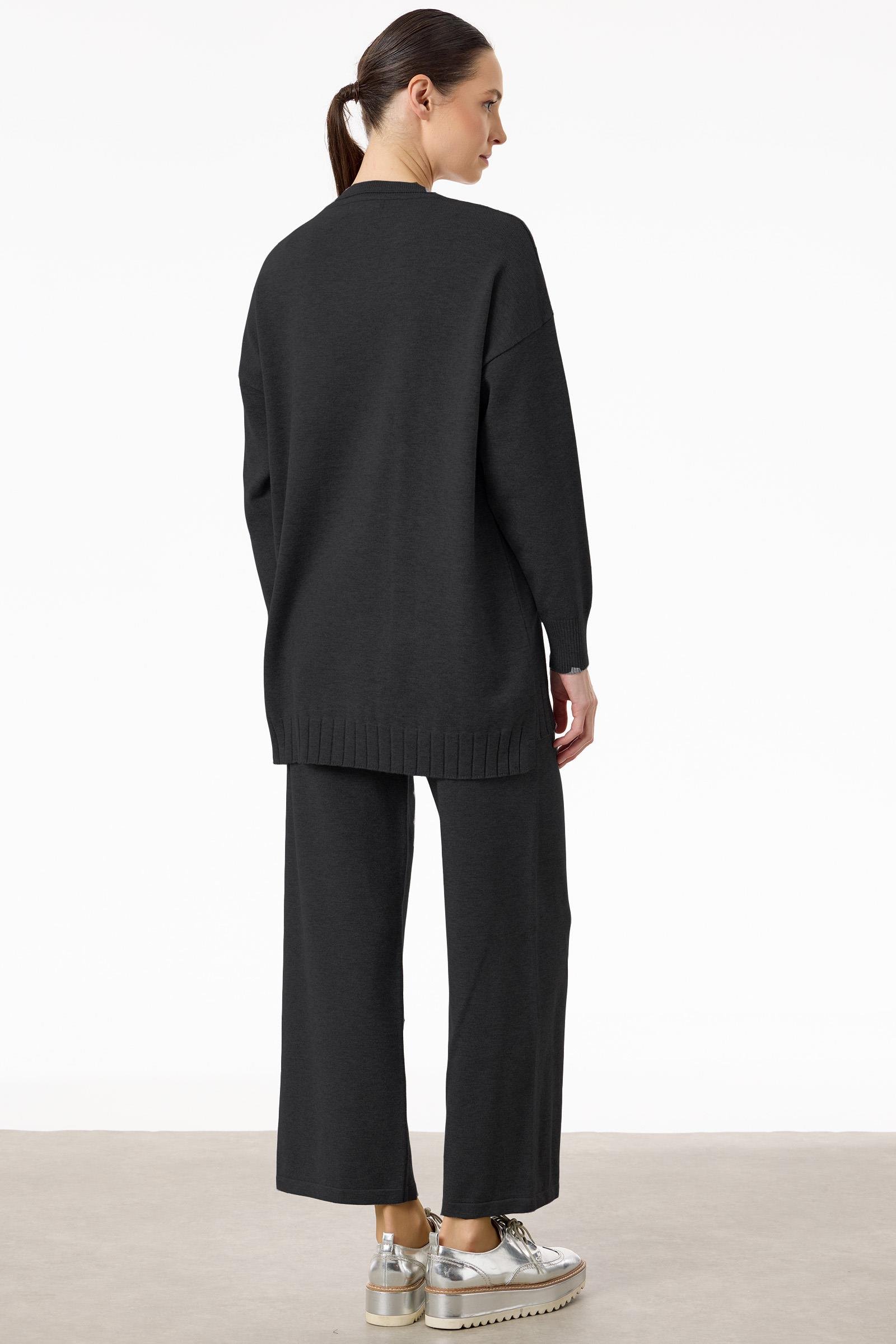 Saç Örgüsü Üzerine Taş Baskılı Pantolonlu Triko Takım SİYAH