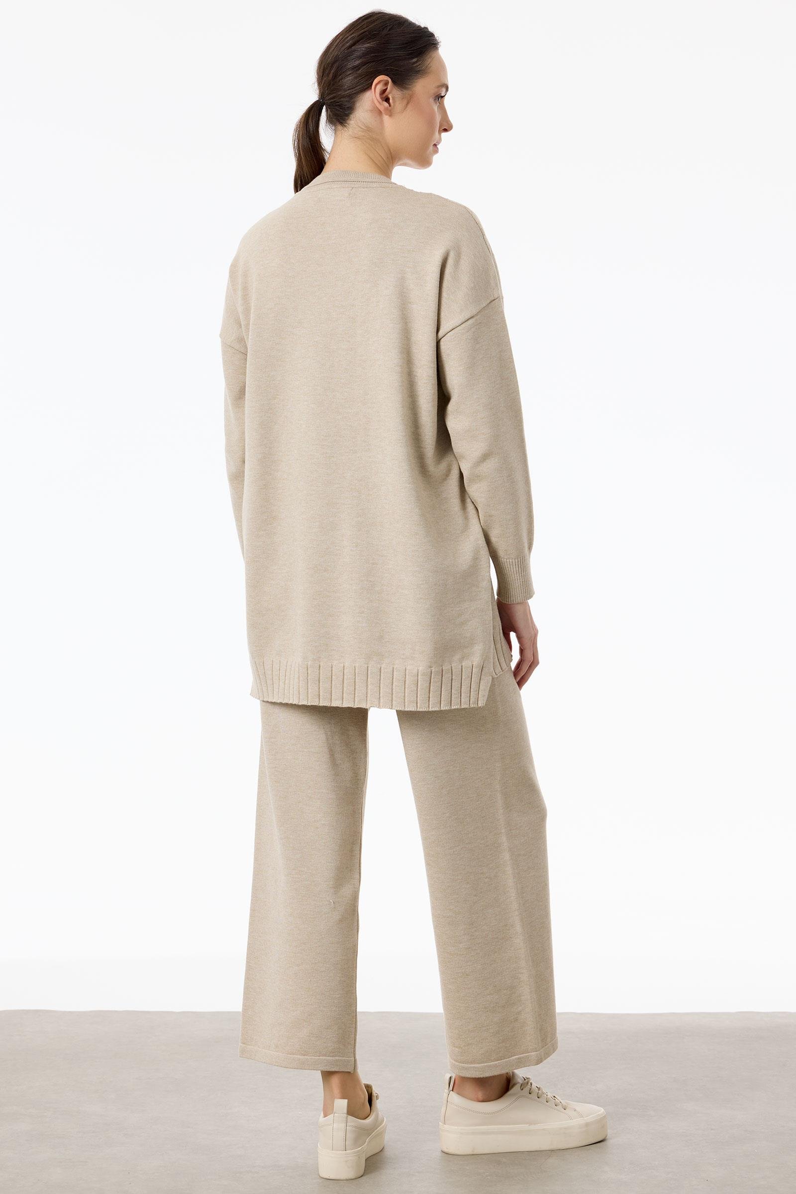 Saç Örgüsü Üzerine Taş Baskılı Pantolonlu Triko Takım HAKİ