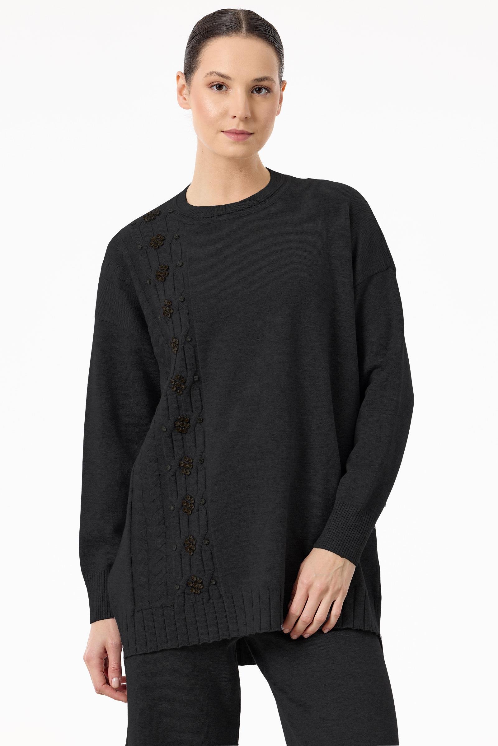 Saç Örgüsü Üzerine Taş Baskılı Pantolonlu Triko Takım SİYAH