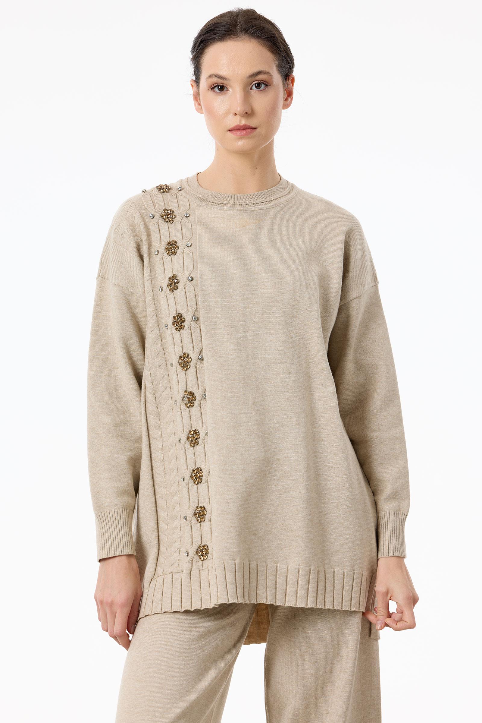 Saç Örgüsü Üzerine Taş Baskılı Pantolonlu Triko Takım HAKİ