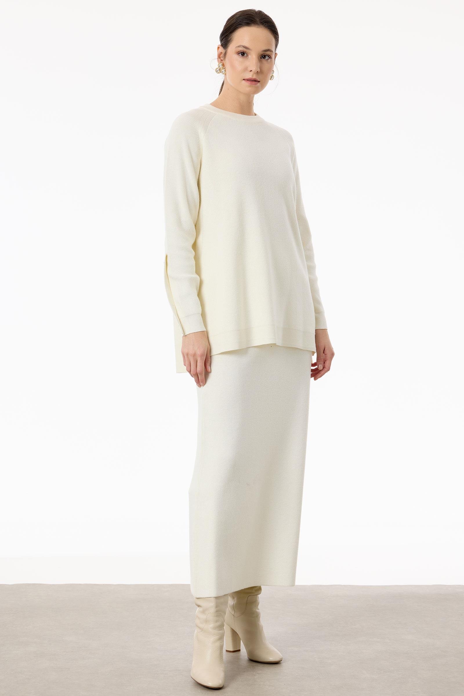 Selanik Örgülü Kolları Düğmeli Takım EKRU