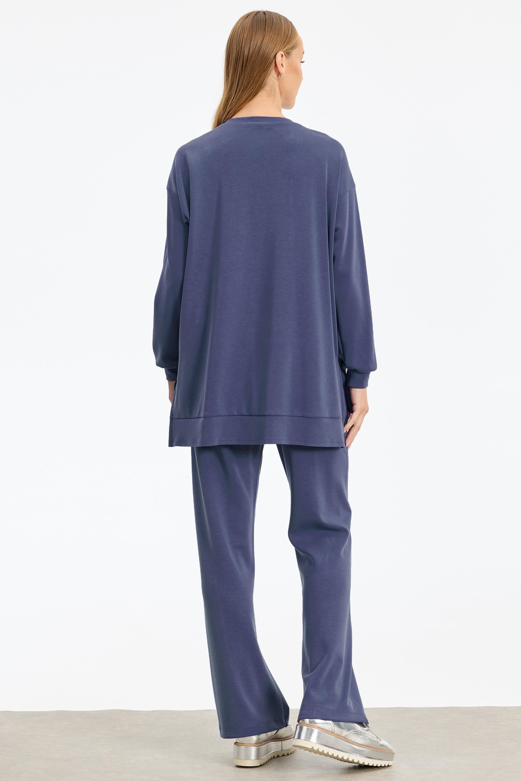 Şerit Kristal Taş Detaylı Pantolonlu Takım İNDİGO