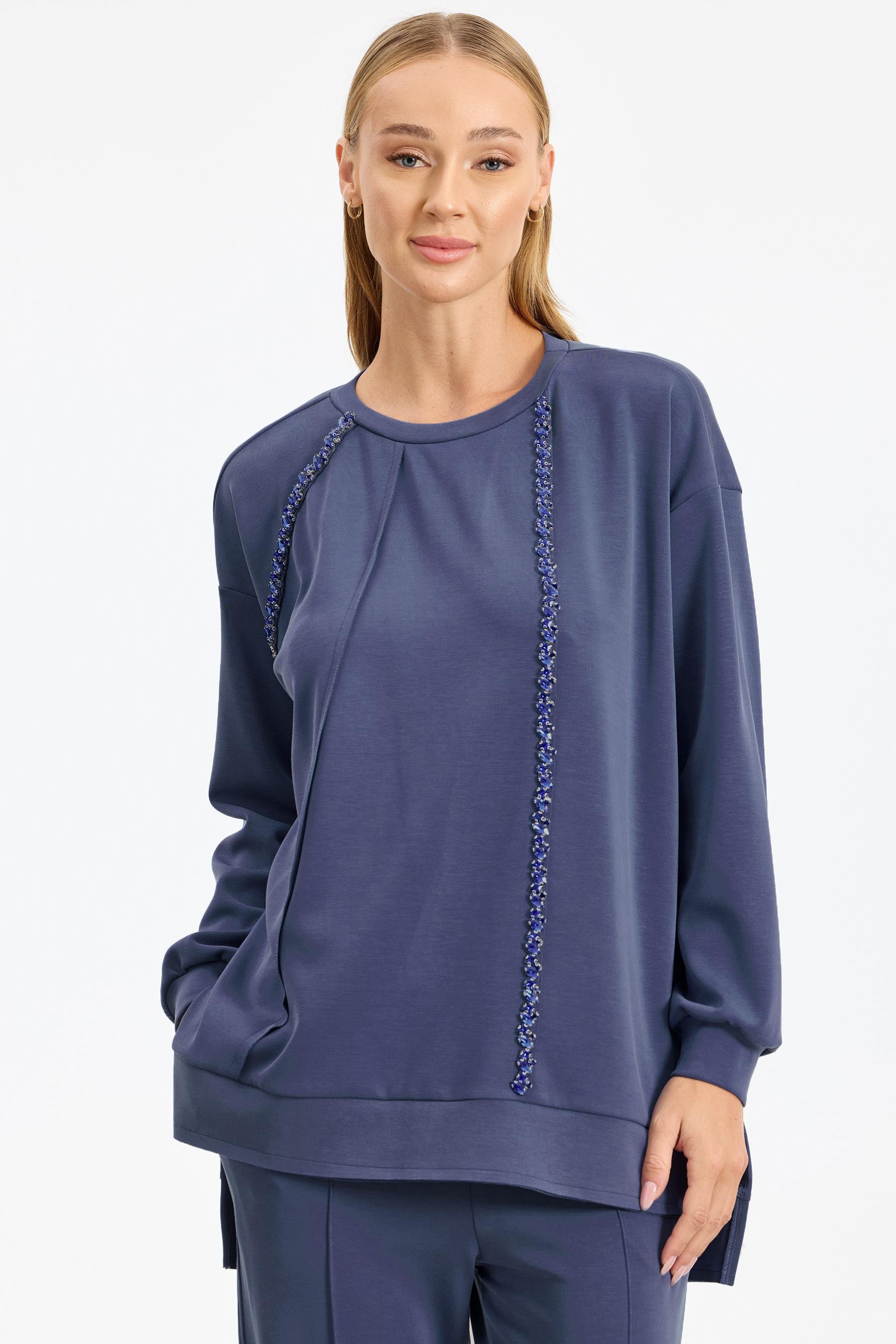 Şerit Kristal Taş Detaylı Pantolonlu Takım İNDİGO