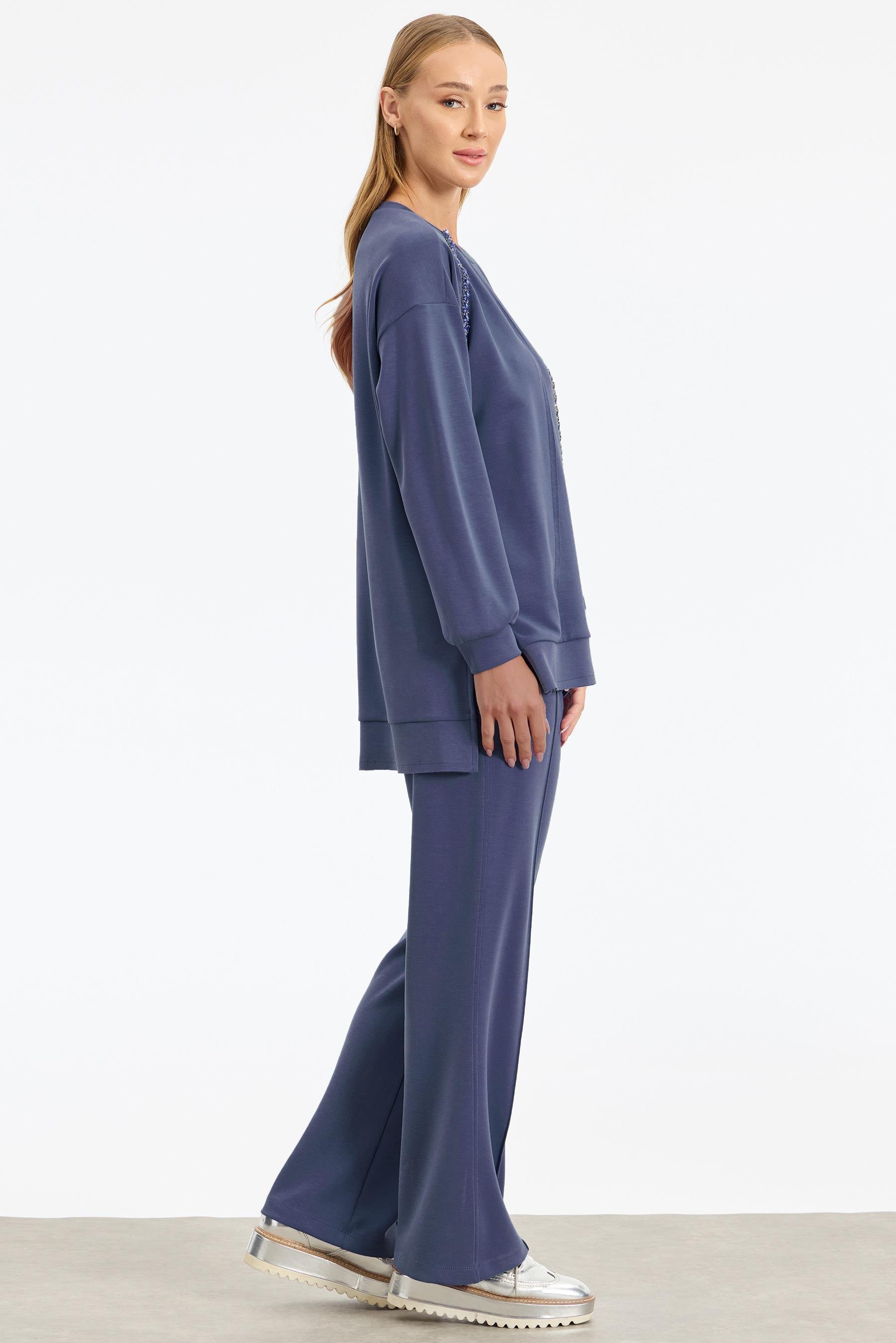 Şerit Kristal Taş Detaylı Pantolonlu Takım İNDİGO