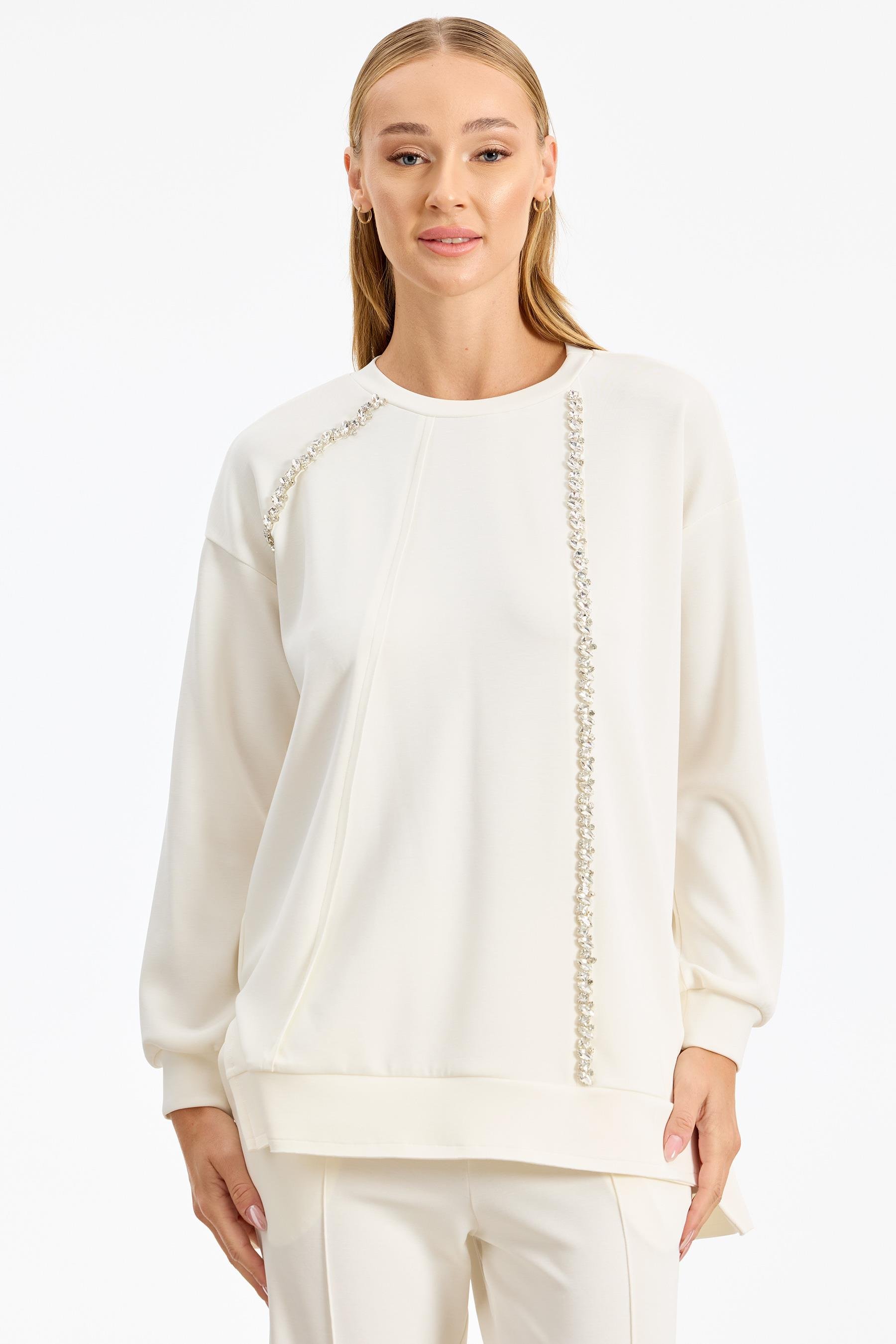 Şerit Kristal Taş Detaylı Pantolonlu Takım EKRU