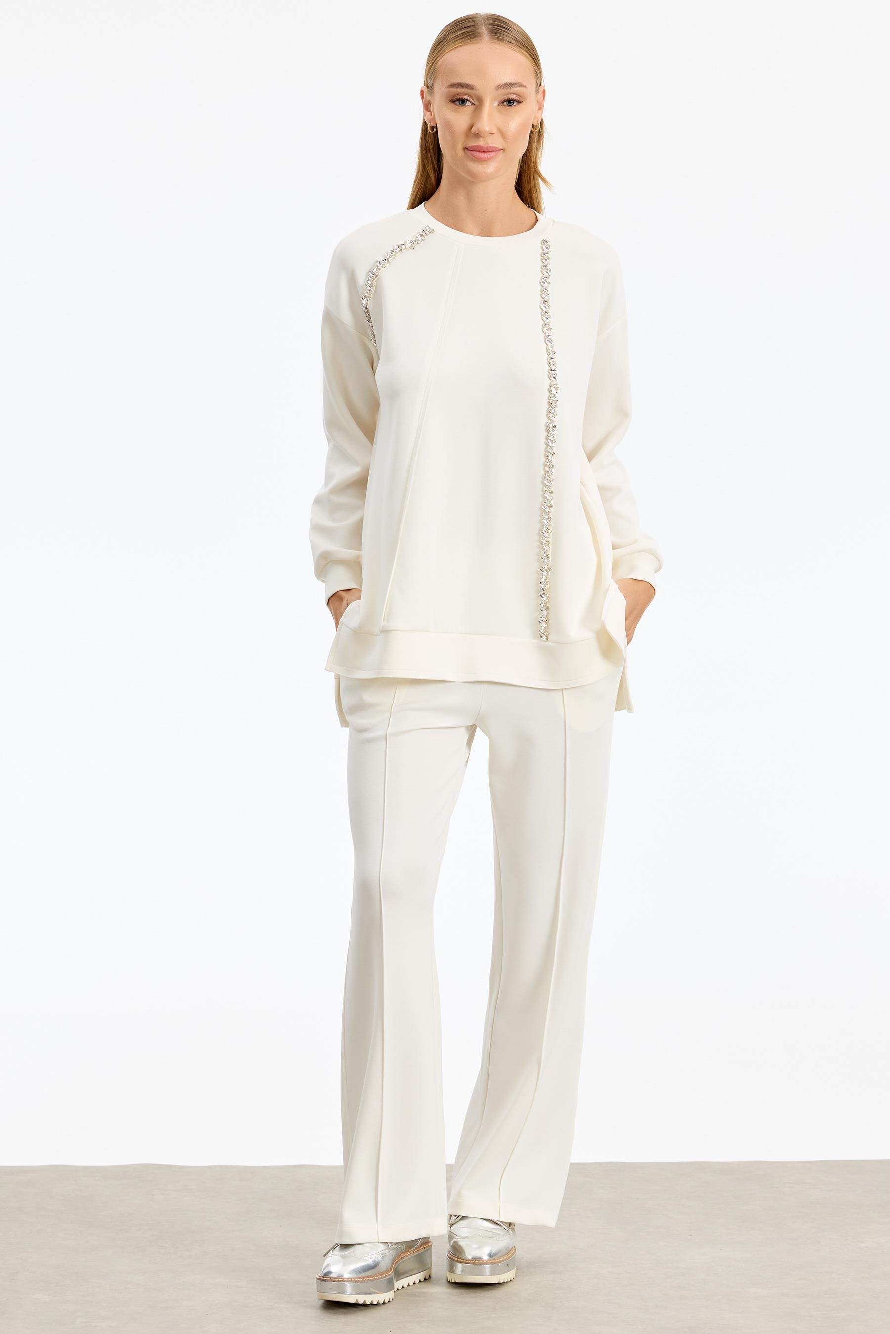 Şerit Kristal Taş Detaylı Pantolonlu Takım EKRU