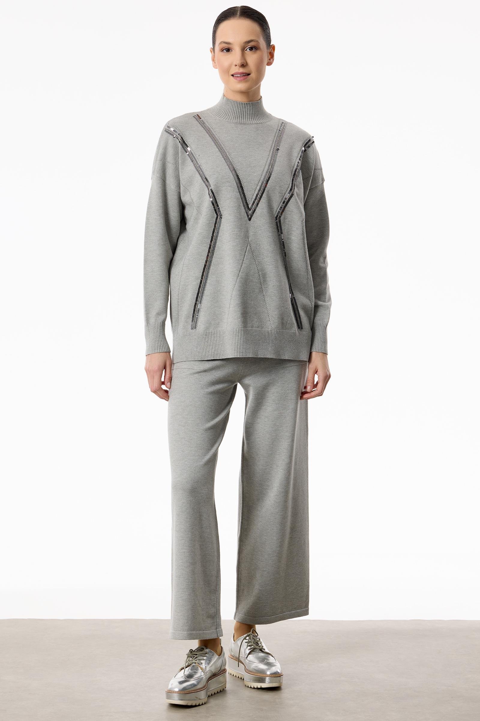 Şerit Payet Detaylı Pantolonlu Triko takım GRİ