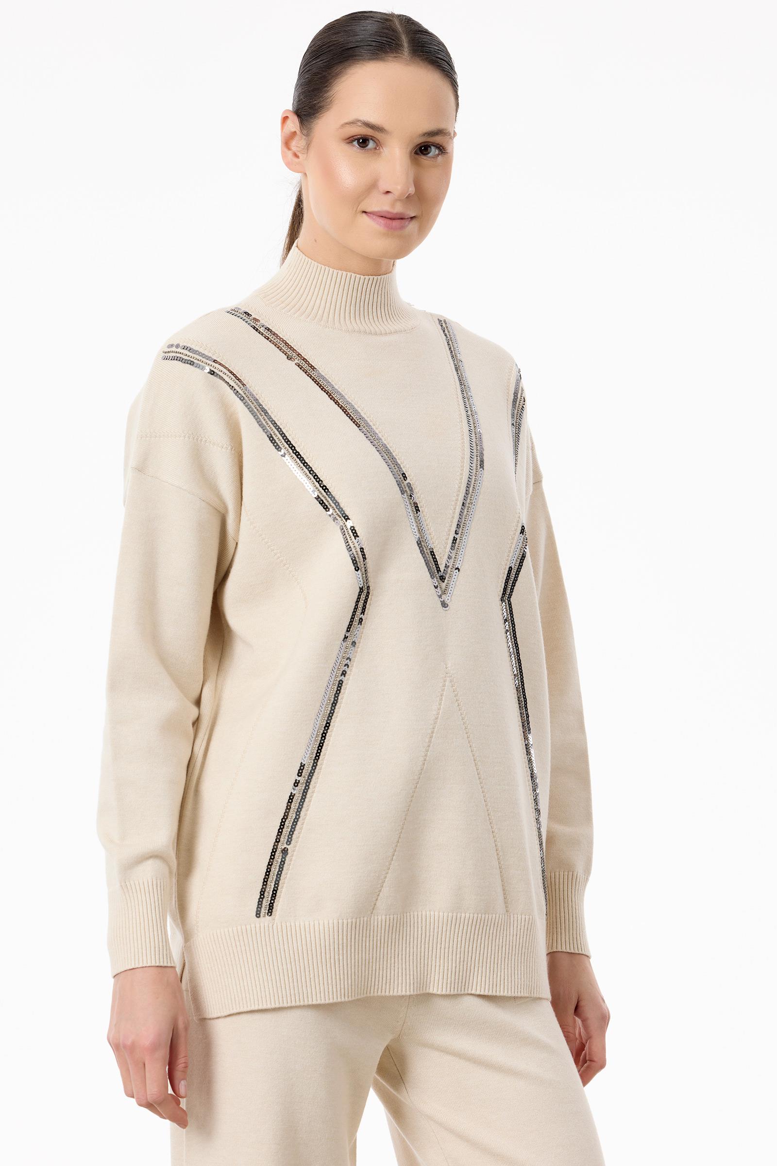 Şerit Payet Detaylı Pantolonlu Triko takım BEJ