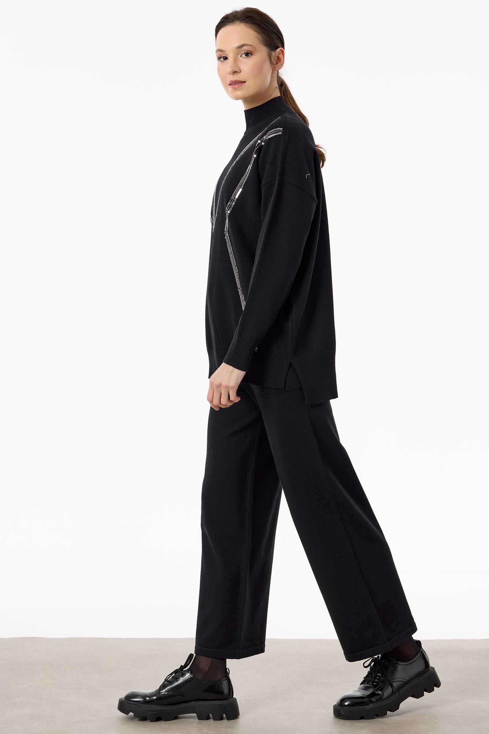 Şerit Payet Detaylı Pantolonlu Triko takım SİYAH