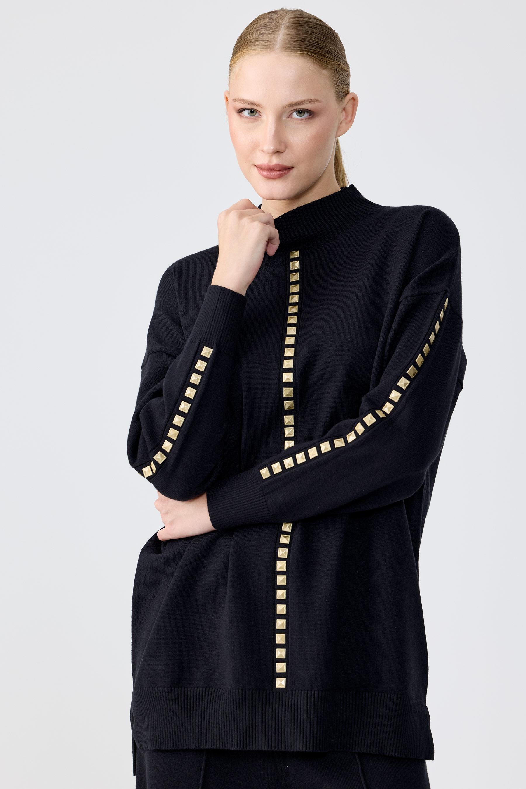 Şerit Taş İşlemeli Tunik Pantolon Takım SİYAH