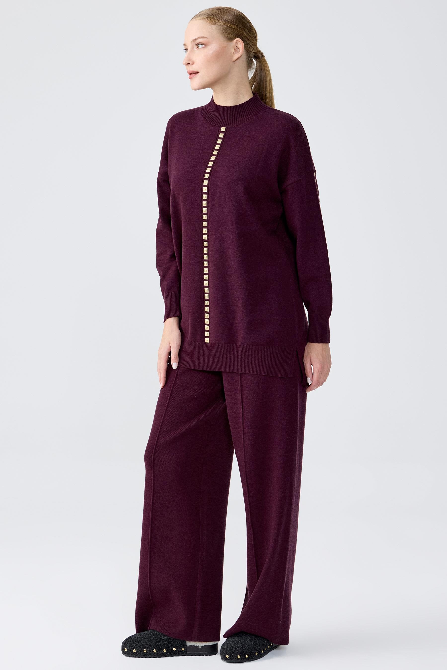 Şerit Taş İşlemeli Tunik Pantolon Takım MÜRDÜM