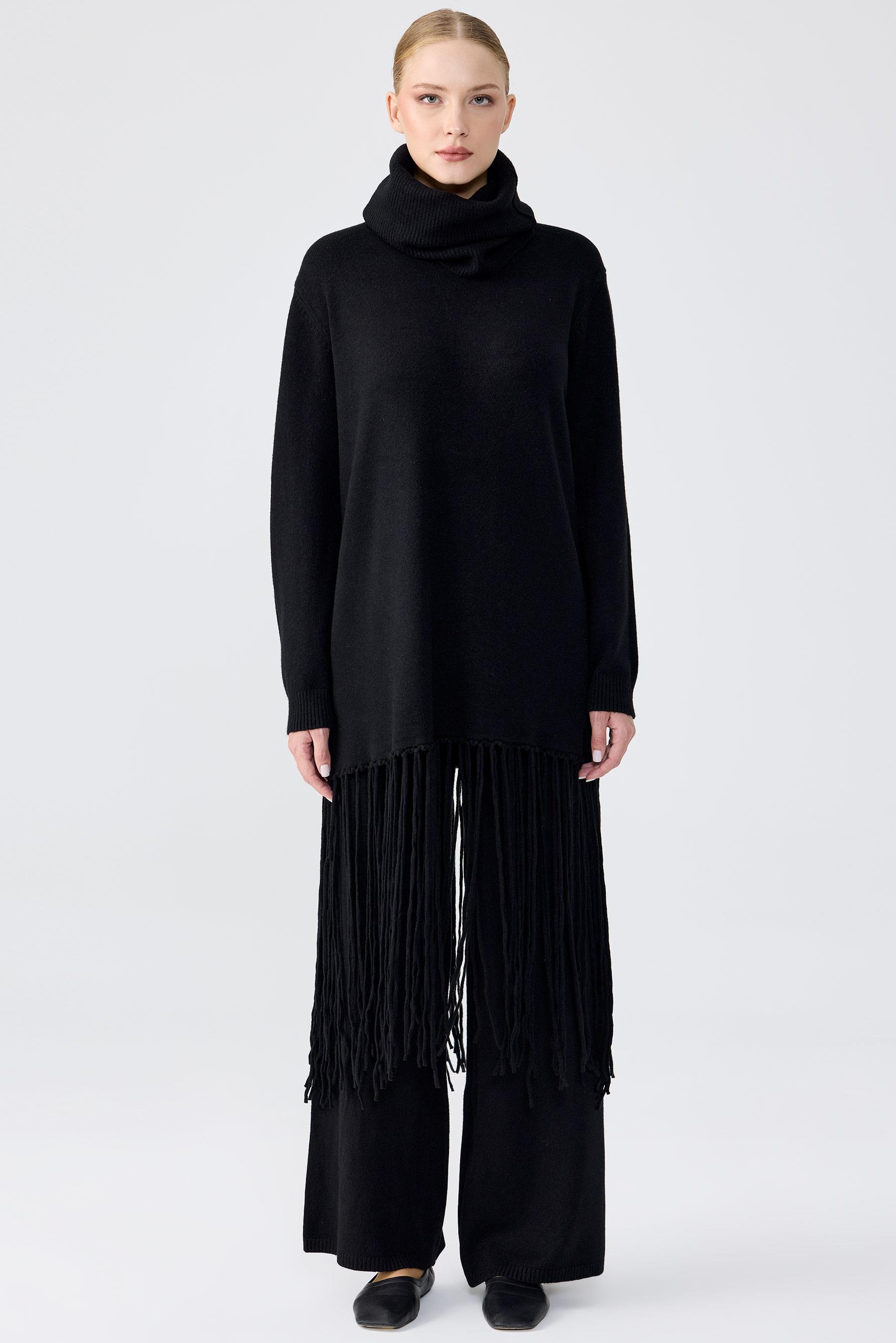 Seyyar Balıkcı Yaka Püsküllü Pantolonlu Triko Takım SİYAH