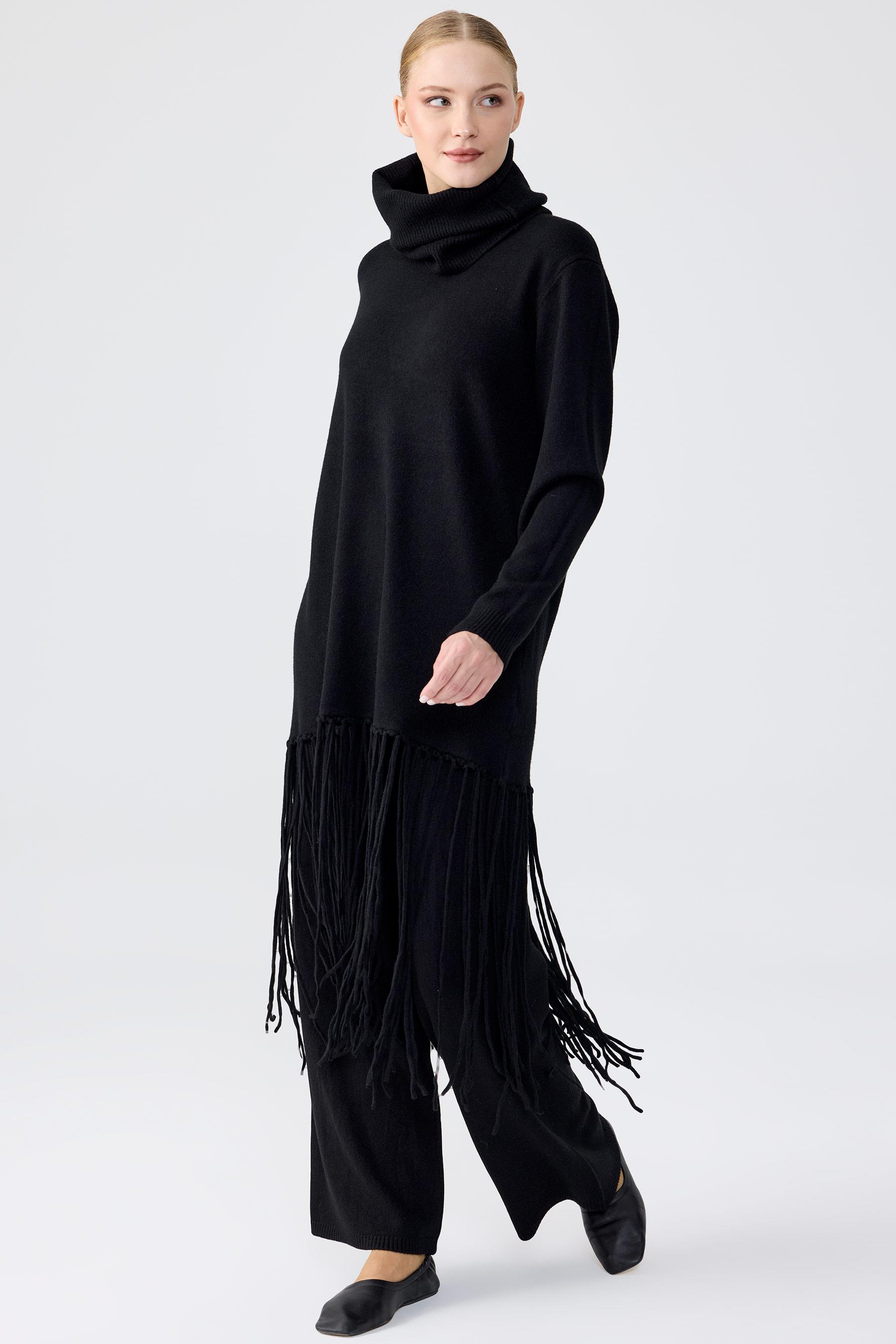 Seyyar Balıkcı Yaka Püsküllü Pantolonlu Triko Takım SİYAH