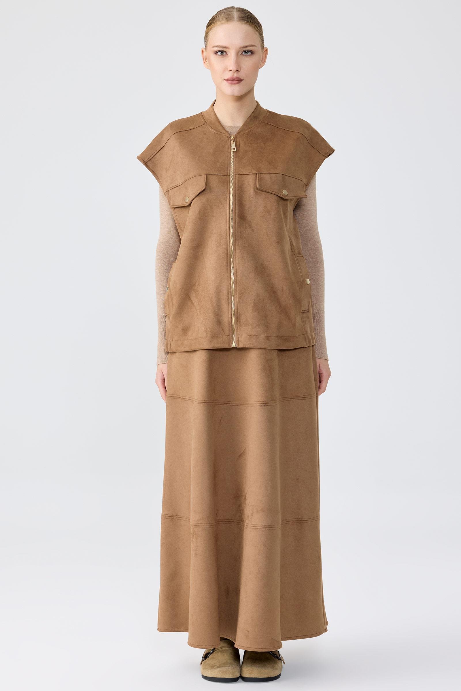 Süet Yelek Kloş Etek Takım CAMEL