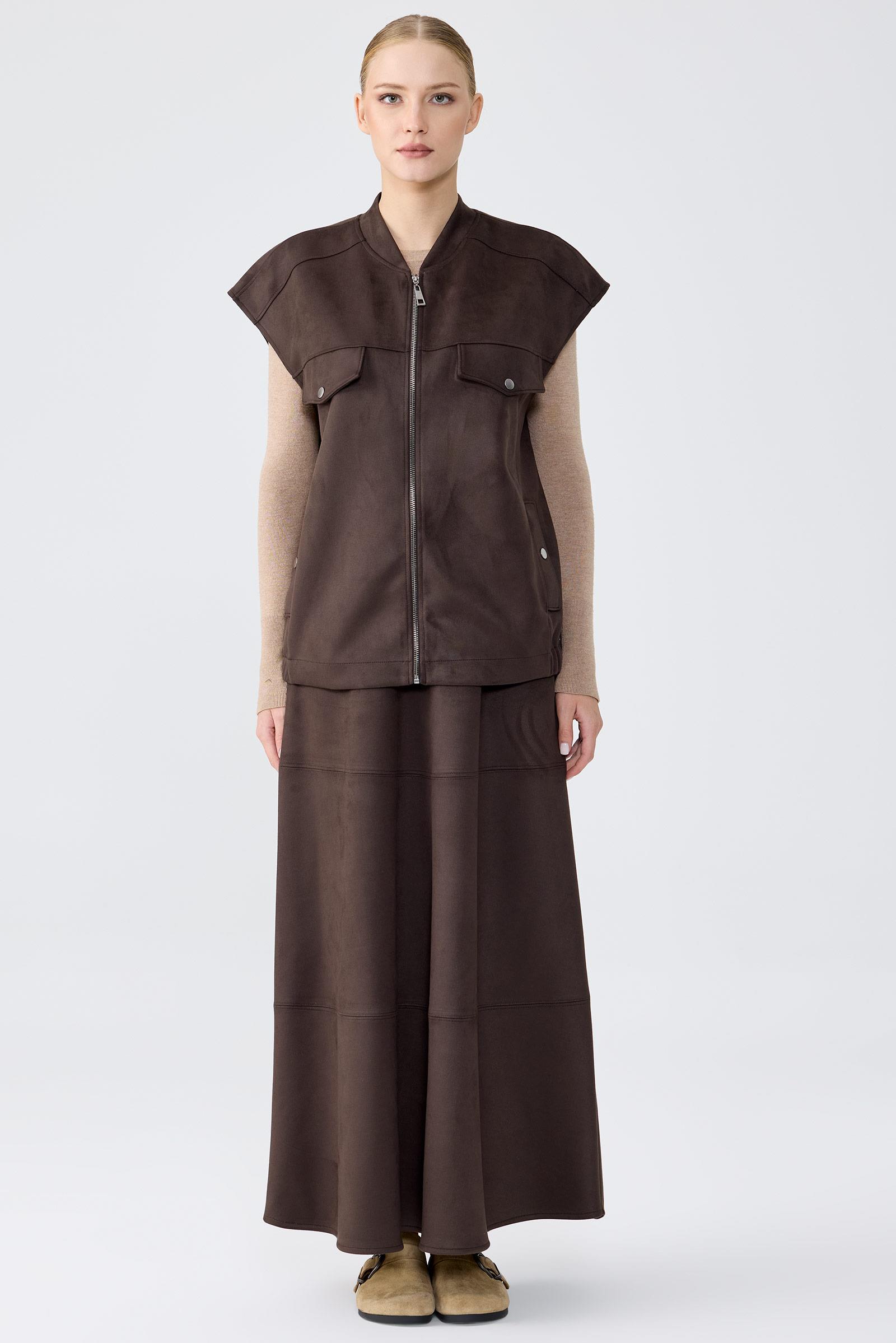 Süet Yelek Kloş Etek Takım KAHVE