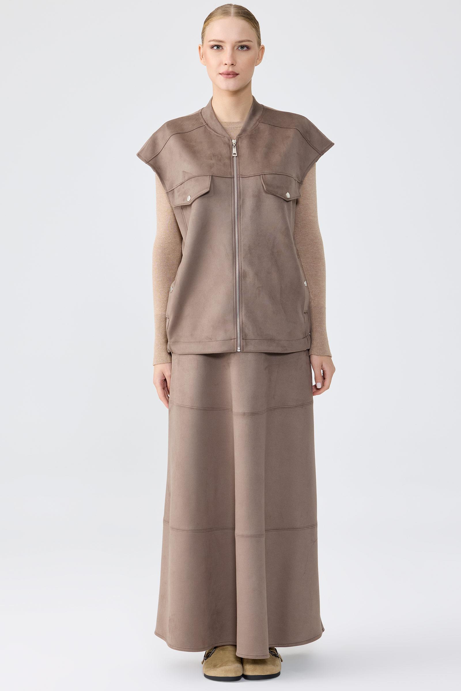 Süet Yelek Kloş Etek Takım VİZON