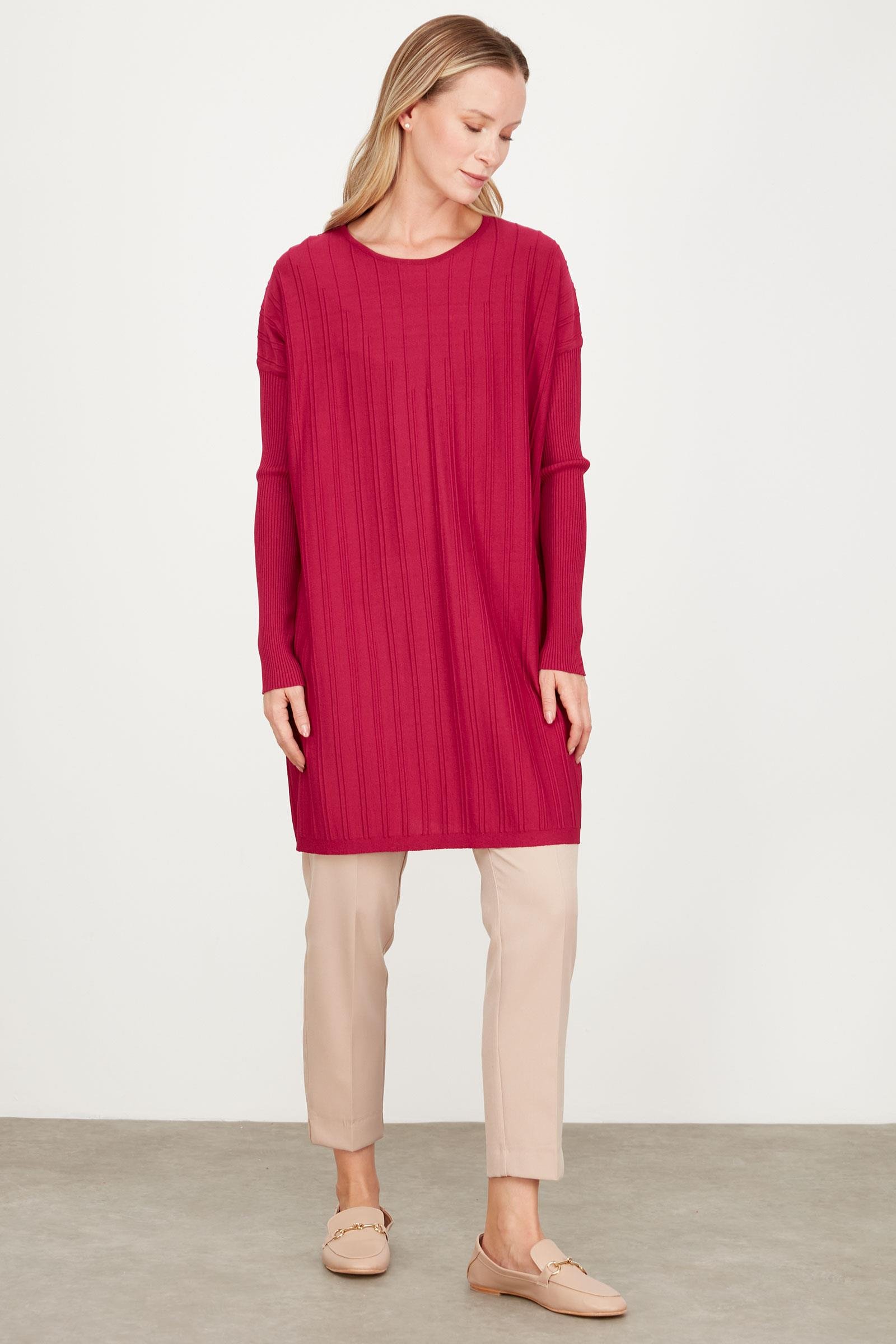 T KALIP ÇİZGİ DETAYLI BASİC RAYON TUNİK FUŞYA