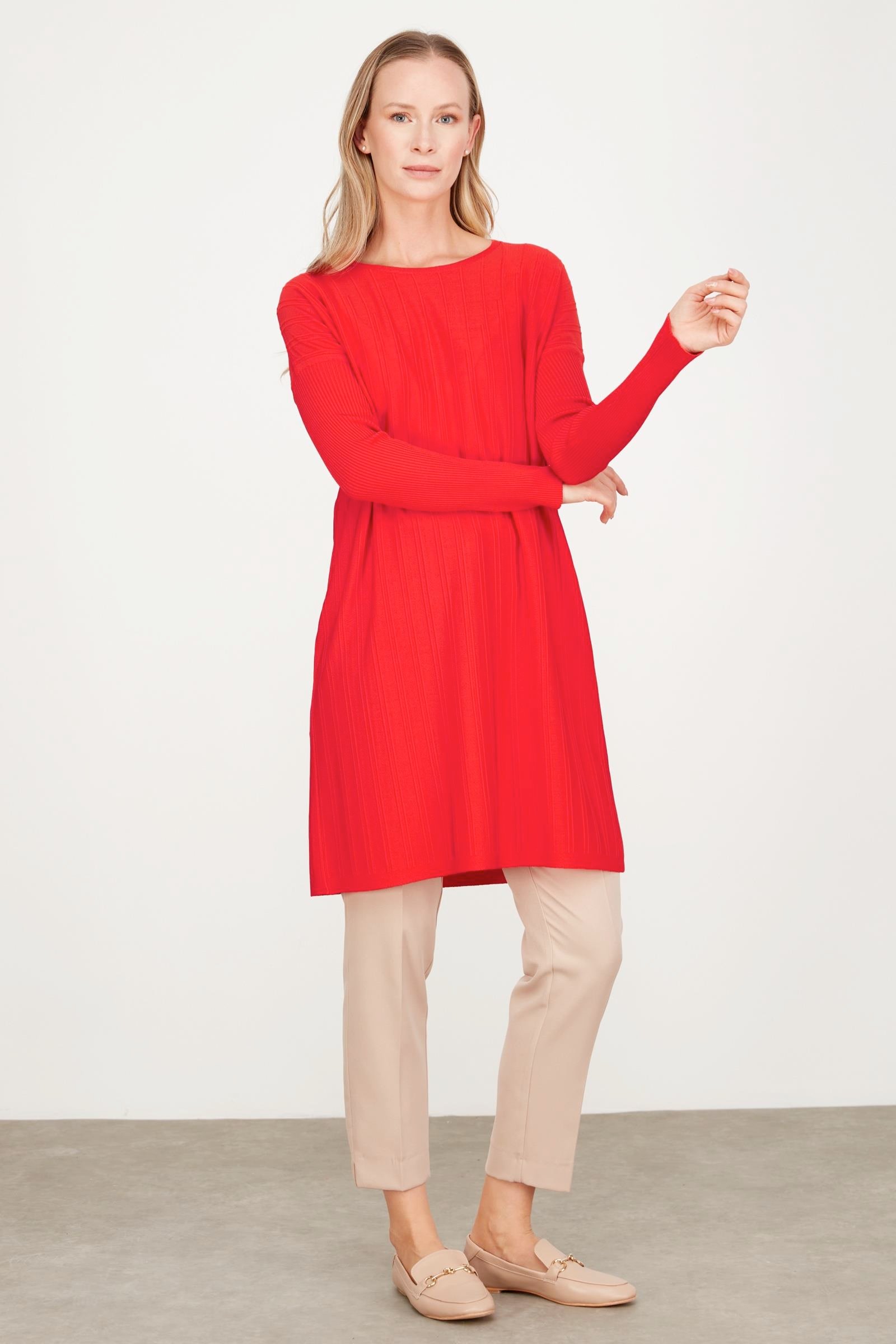 T KALIP ÇİZGİ DETAYLI BASİC RAYON TUNİK KIRMIZI