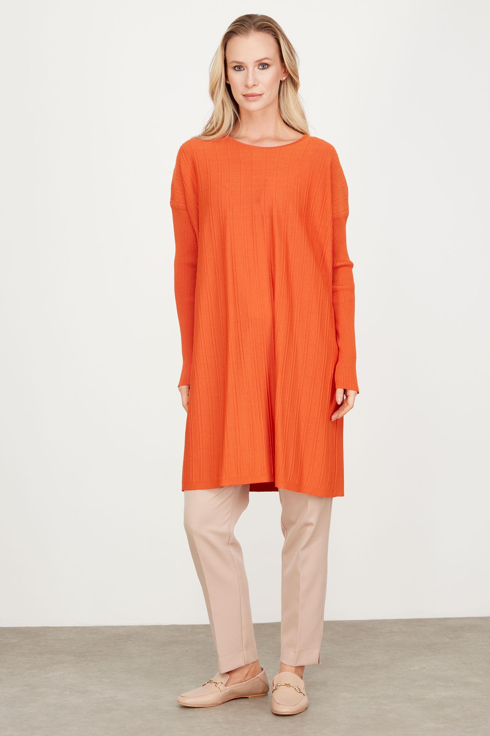 T KALIP ÇİZGİ DETAYLI BASİC RAYON TUNİK KİREMİT